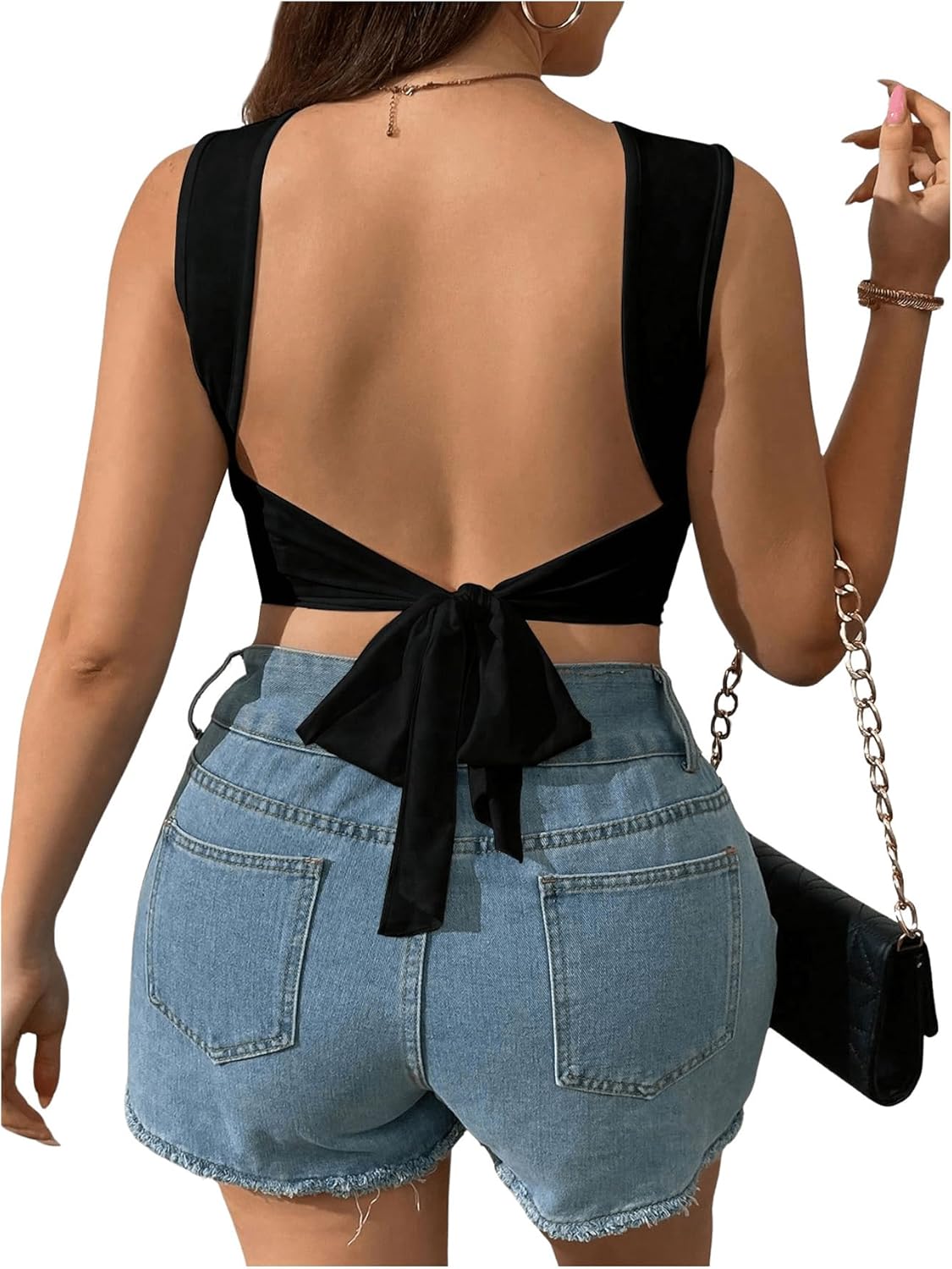 SOLY HUX Women's Plus Size Backless Tank Top Tie Open Back Crew Neck Sleeveless Crop Tops