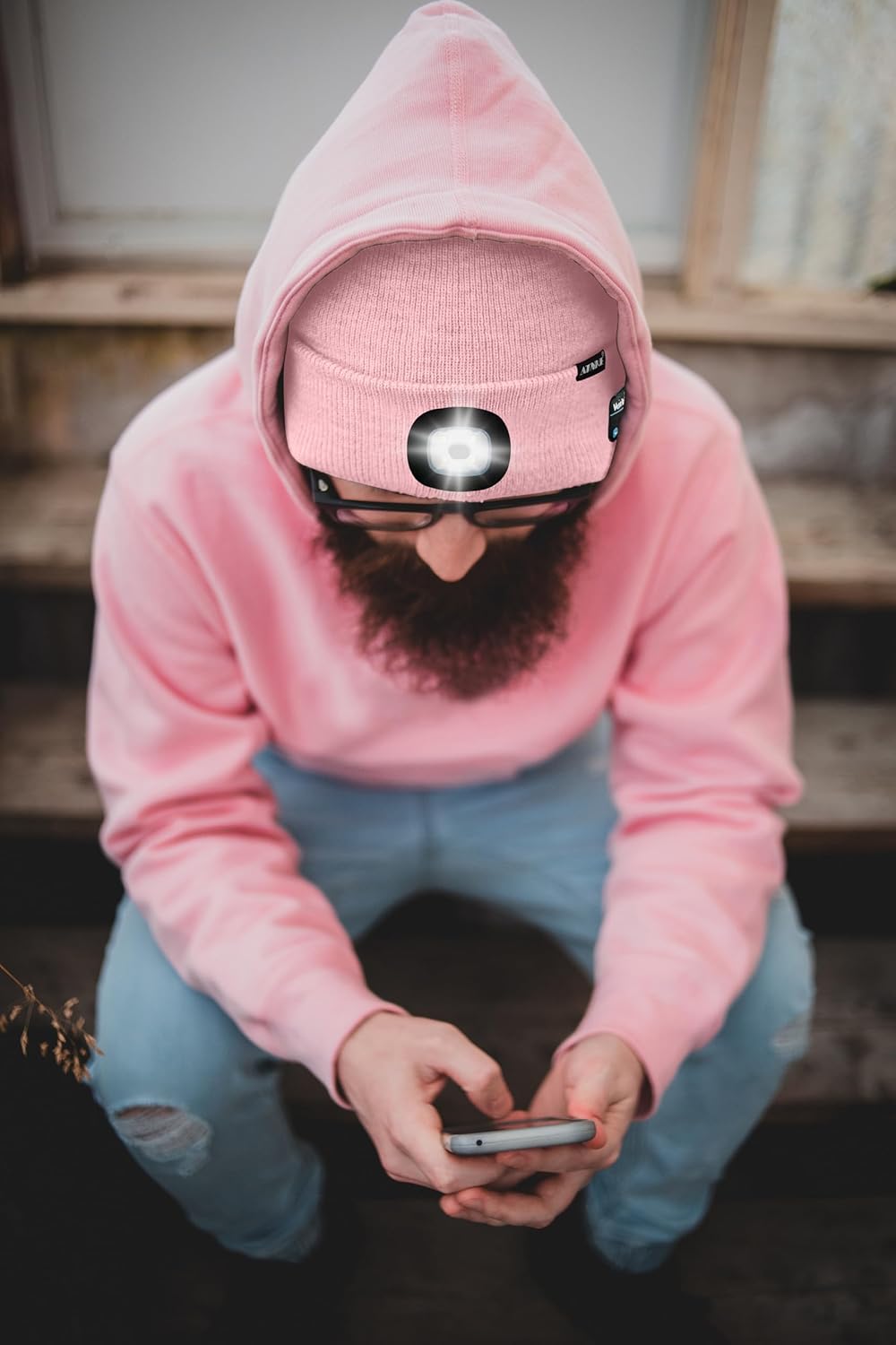 ATNKE LED Lighted Bluetooth Beanie Hat,USB Rechargeable 4 LED Wireless Run Headlamp Lined Fleece Cap for Men and Women