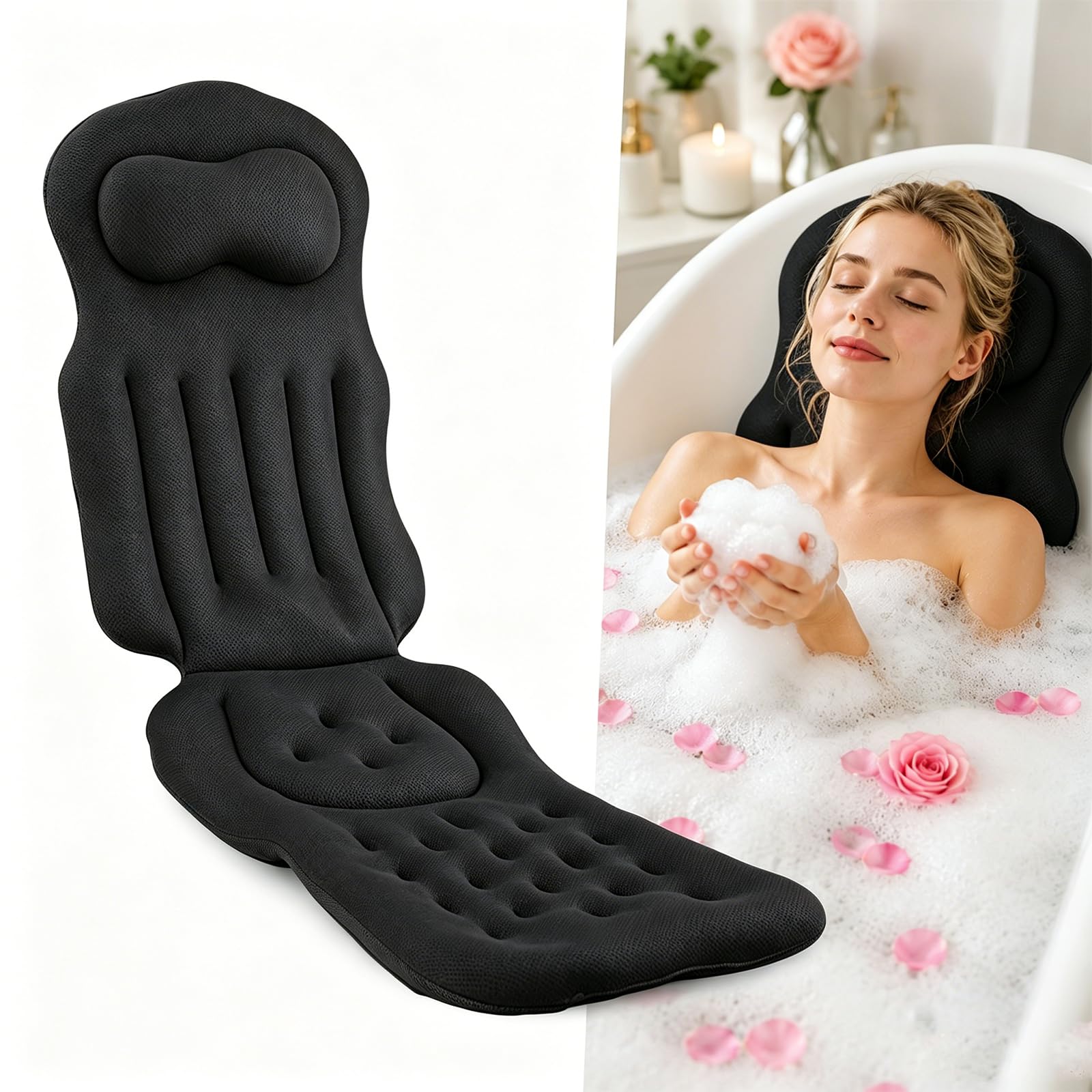 Ganzkörper Badewannenkissen für die Badewanne, Verdicktes Badewannenmatte mit Kopfstütze unterstützt Nacken, Rücken und Beine, Badewannenkissen Mit Hängehaken Saugnäpfen(Schwarz)