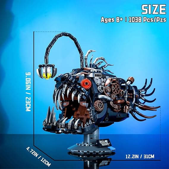 Mechanical Lantern Fish Model Kit with LED Light, DIY Building Toy Construction Set, Educational STEM Mythical Creatures Building Blocks for Kids Adults Age 8+, 1038 PCS