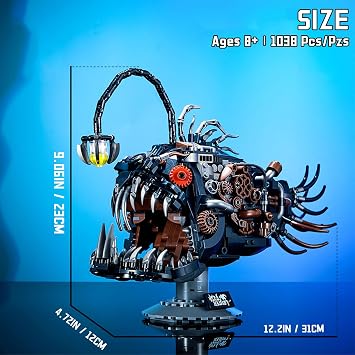 Mechanical Lantern Fish Model Kit with LED Light, DIY Building Toy Construction Set, Educational STEM Mythical Creatures Building Blocks for Kids Adults Age 8+, 1038 PCS