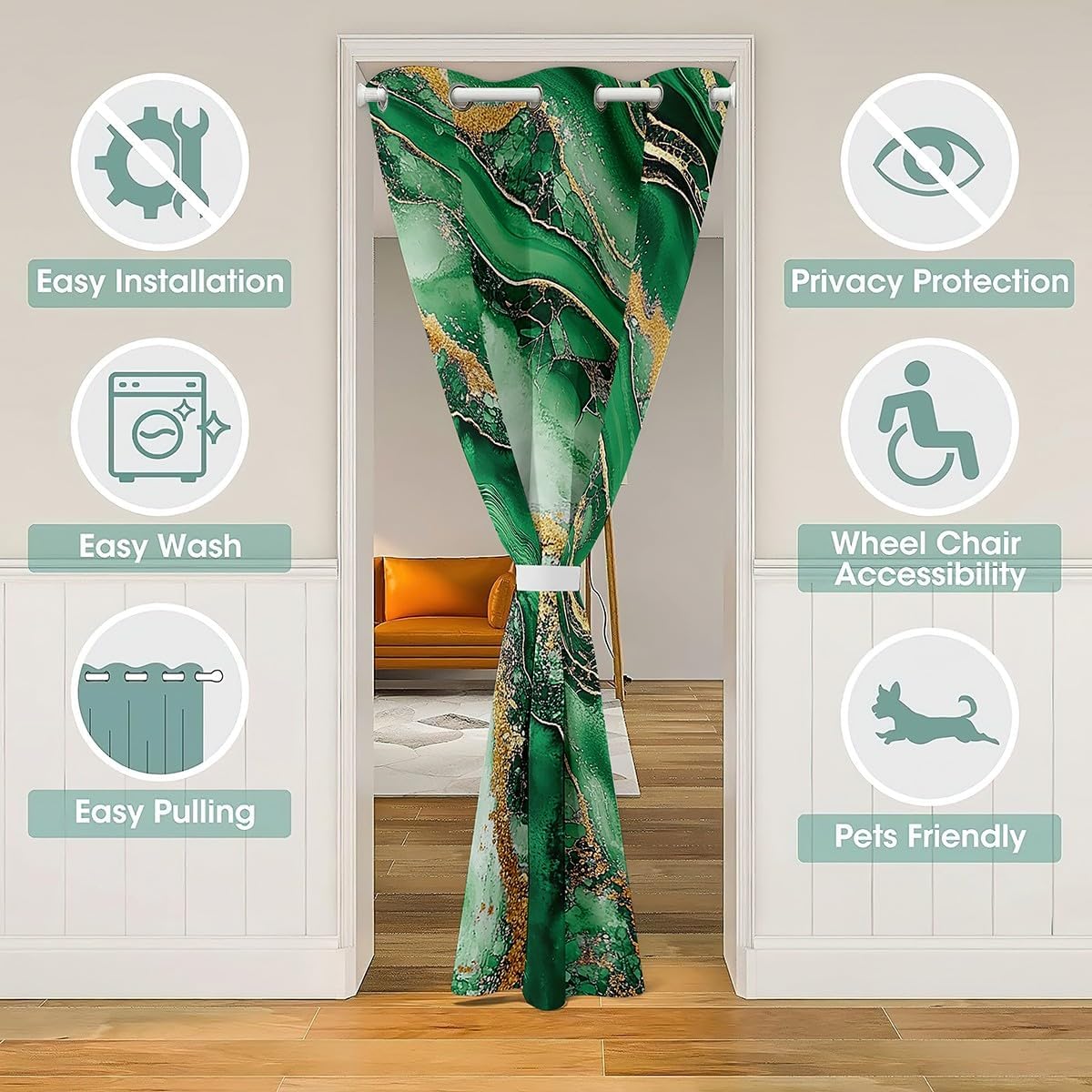 Erosebridal Marble Texture Door Curtain for Doorway Privacy,Green Golden Marble Grain Blackout Curtain 52" W X 80" L for Bedroom,Watercolor Tie Dye Door Drape Room Decor,Abstract Room Divider Curtain
