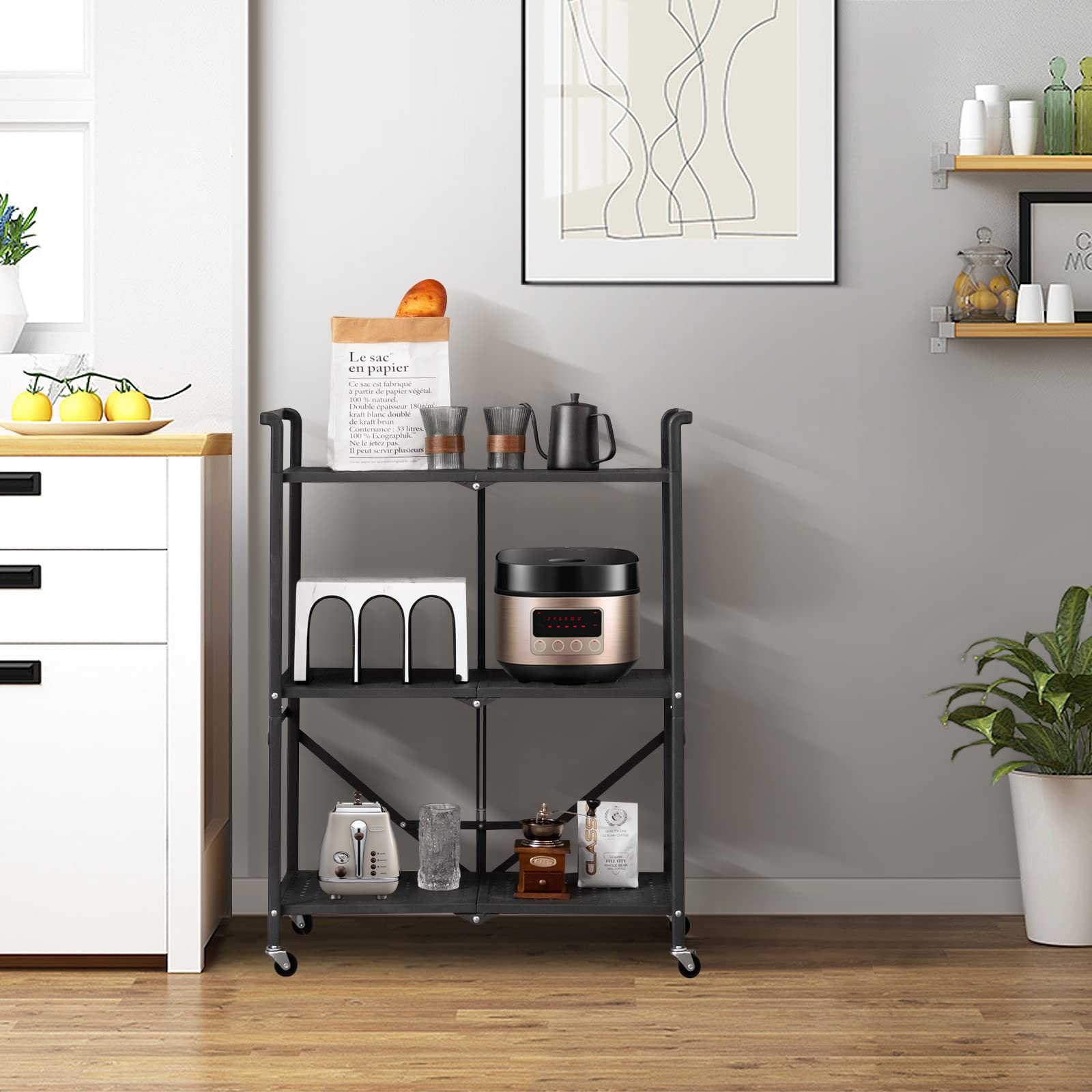 HOMASIS Carro plegable de cocina con 3 niveles, carrito de cocina con 4 ruedas, incluye 2 frenos, carrito de almacenamiento para ahorrar espacio, estantería de metal, estante de cocina, carrito