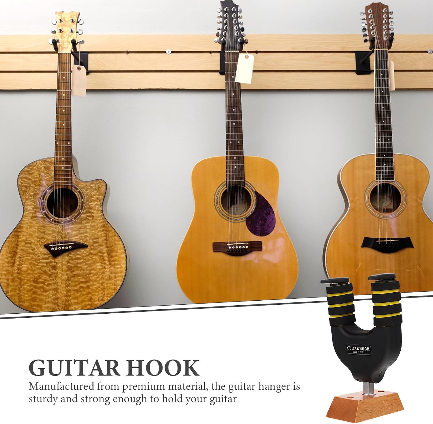 Wood Guitar Hanger with Self-Locking Hook, Electric Bass and Ukulele Wall Mount Stand, Solid Wood Base Guitar Wall Display Holder for Home Storage and Music Room image 3