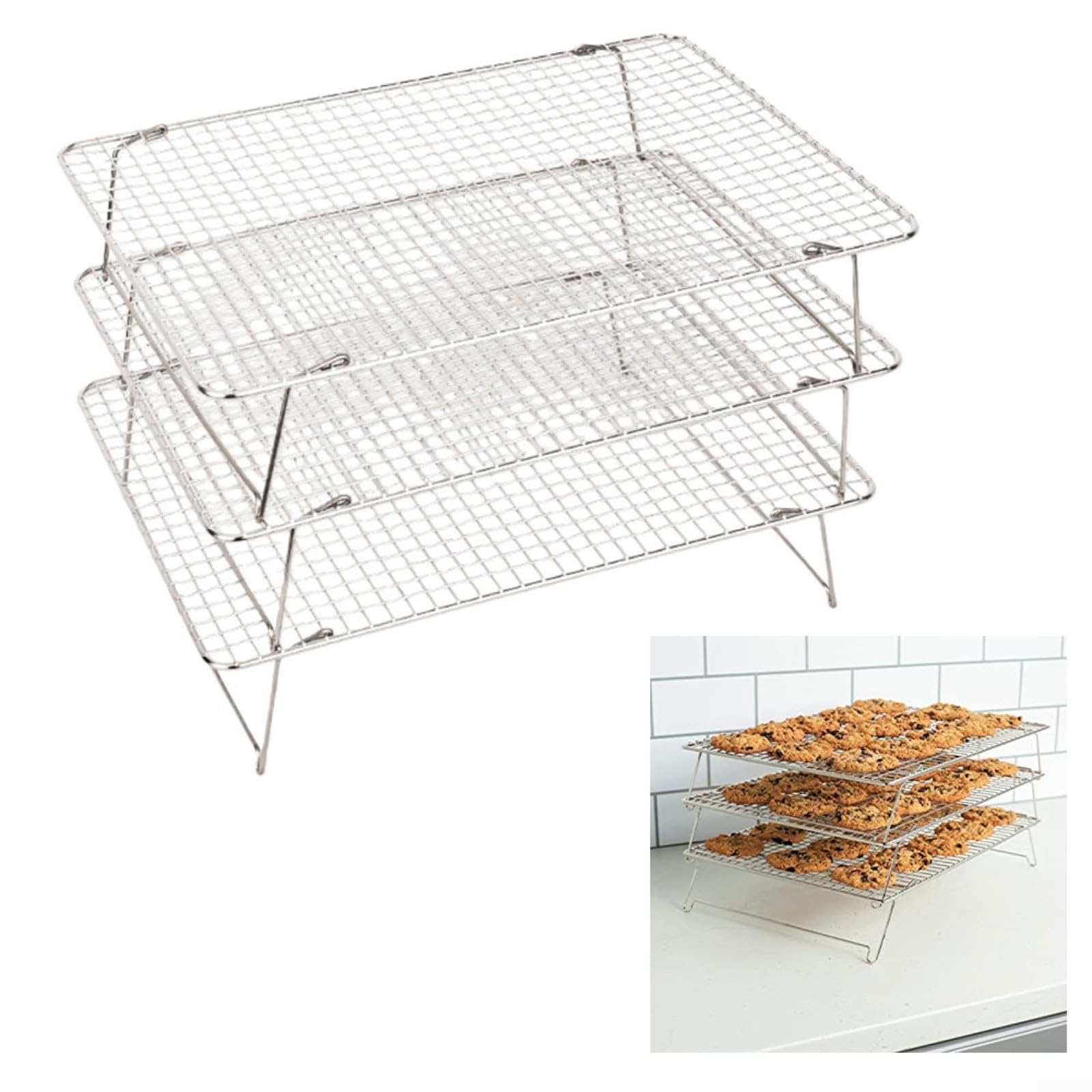HpLive Rejilla de enfriamiento para tartas, rejilla de enfriamiento apilable de acero inoxidable para pasteles, pasteles y pan para media bandeja de horno para hornear o asar (Three-layer)