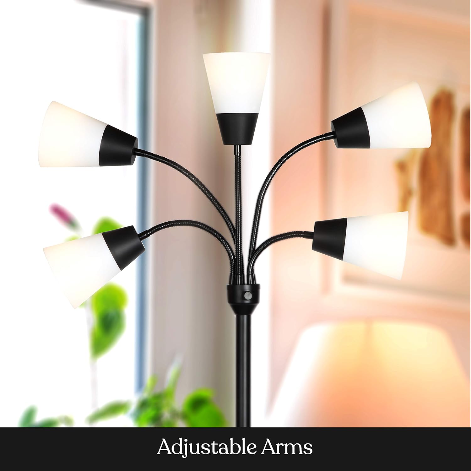 Brightech Medusa Modern LED Floor Lamp – Multi Head Floor Lamp for Living Rooms & Offices – Tall Lamp with Interchangeable Shade, Standing Lamp with 5 LED Bulbs for Hobbies - Black