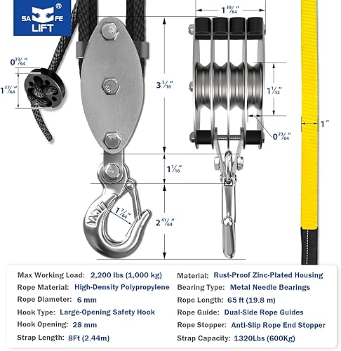 Miniatura 2 de Sistema de polea de bloqueo y aparejos con 2 correas de elevación, polipasto de cuerda mejorado de 4 ruedas con ruedas guía dobles y ganchos de