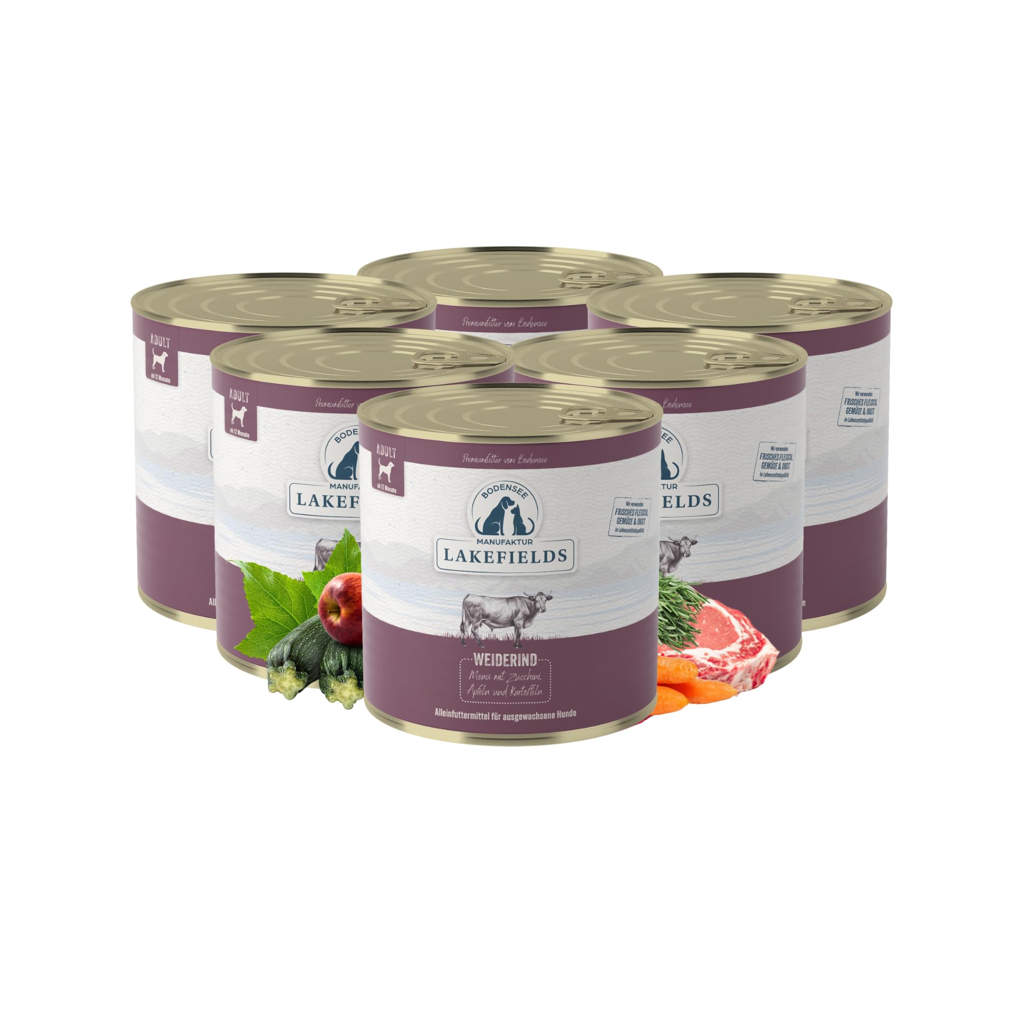 Lakefields Premium Hundefutter Nass | Rind 61% | 6 x 800g | Getreidefreies Nassfutter für Hunde | Natürliche Zutaten in Lebensmittelqualität | Äpfel, Zucchini & Karotten | Schonend gegart