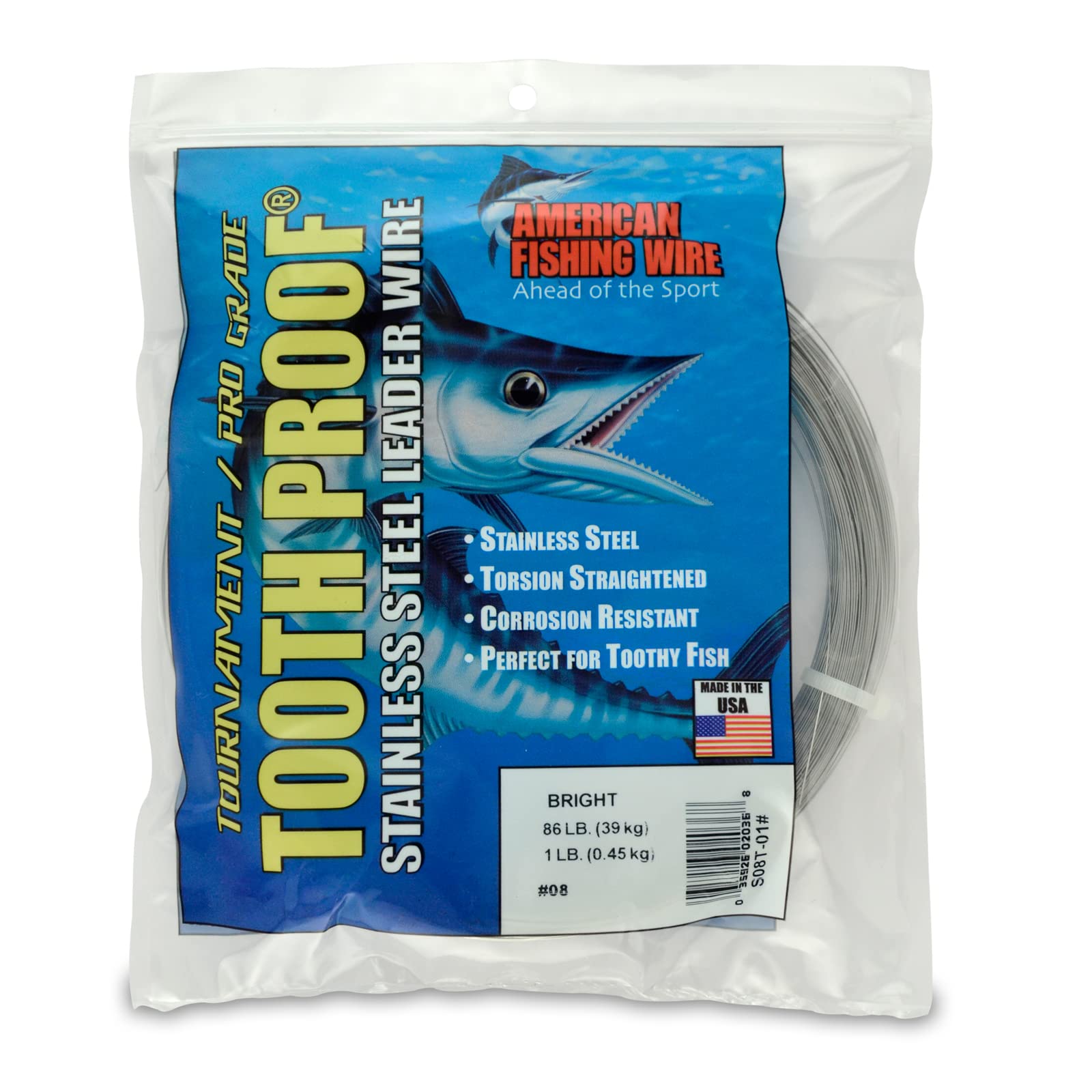 AFW #8 Tooth Proof Stainless Steel Single Strand Leader Wire, 86 lb Test, Bright, 925ft