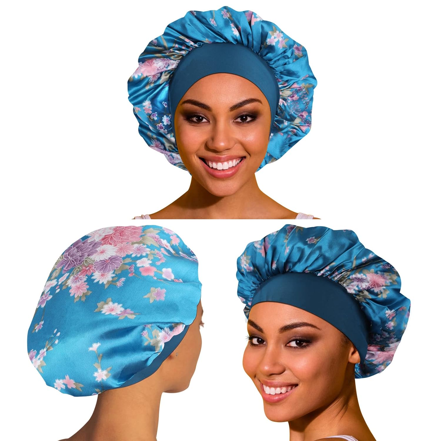5 Pack Satin Bonnet Silk Bonnet for Sleeping Women, Hair Sleep Bonnets for Women, Wide Soft Band Large Sleep Cap for Curly Hair Braids - Image 2