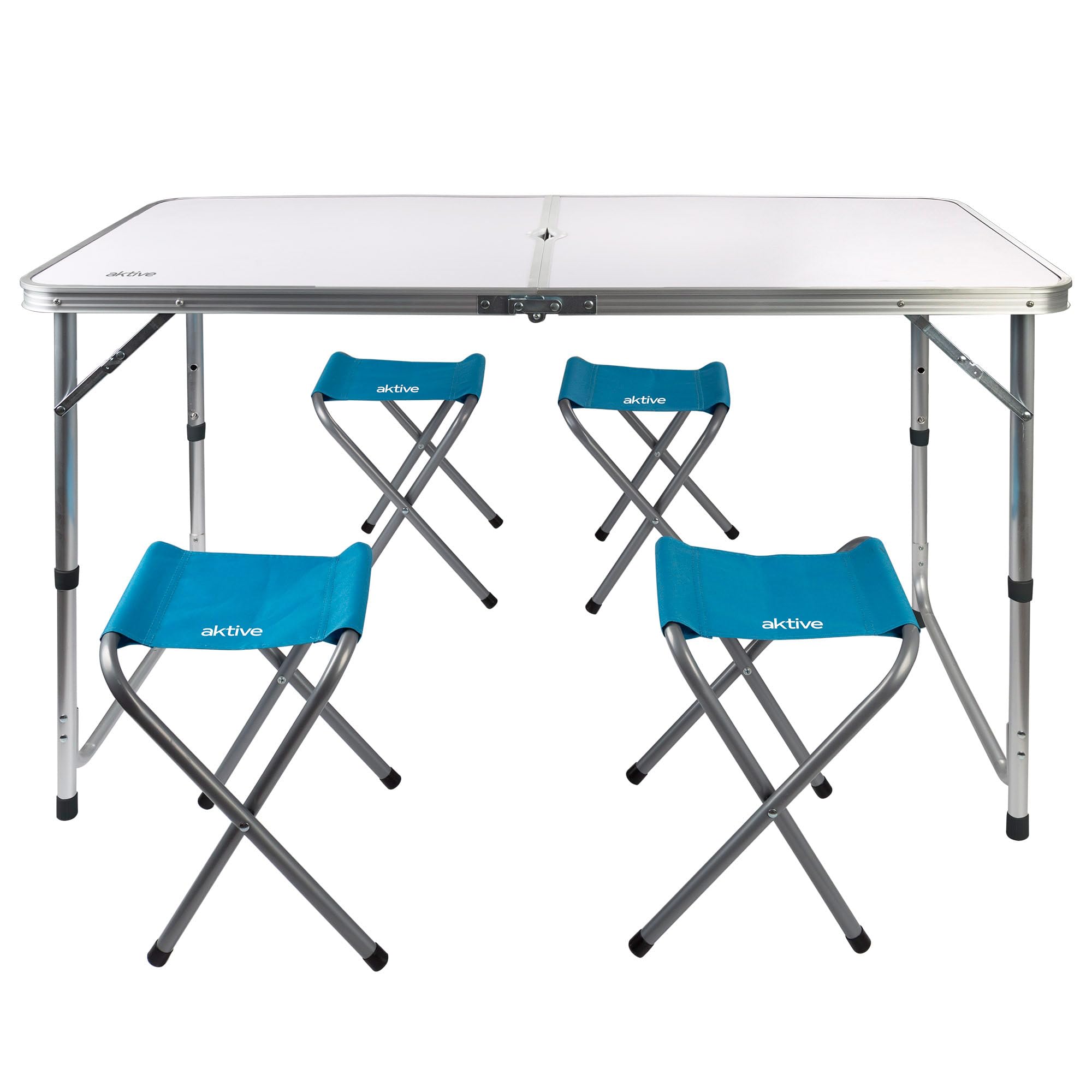 AKTIVE Mesa plegable portátil camping para 4 personas, Altura regulable, incluye 4 taburetes, jardín, con sillas dentro, Conjunto mesas y sillas plegable (52893)