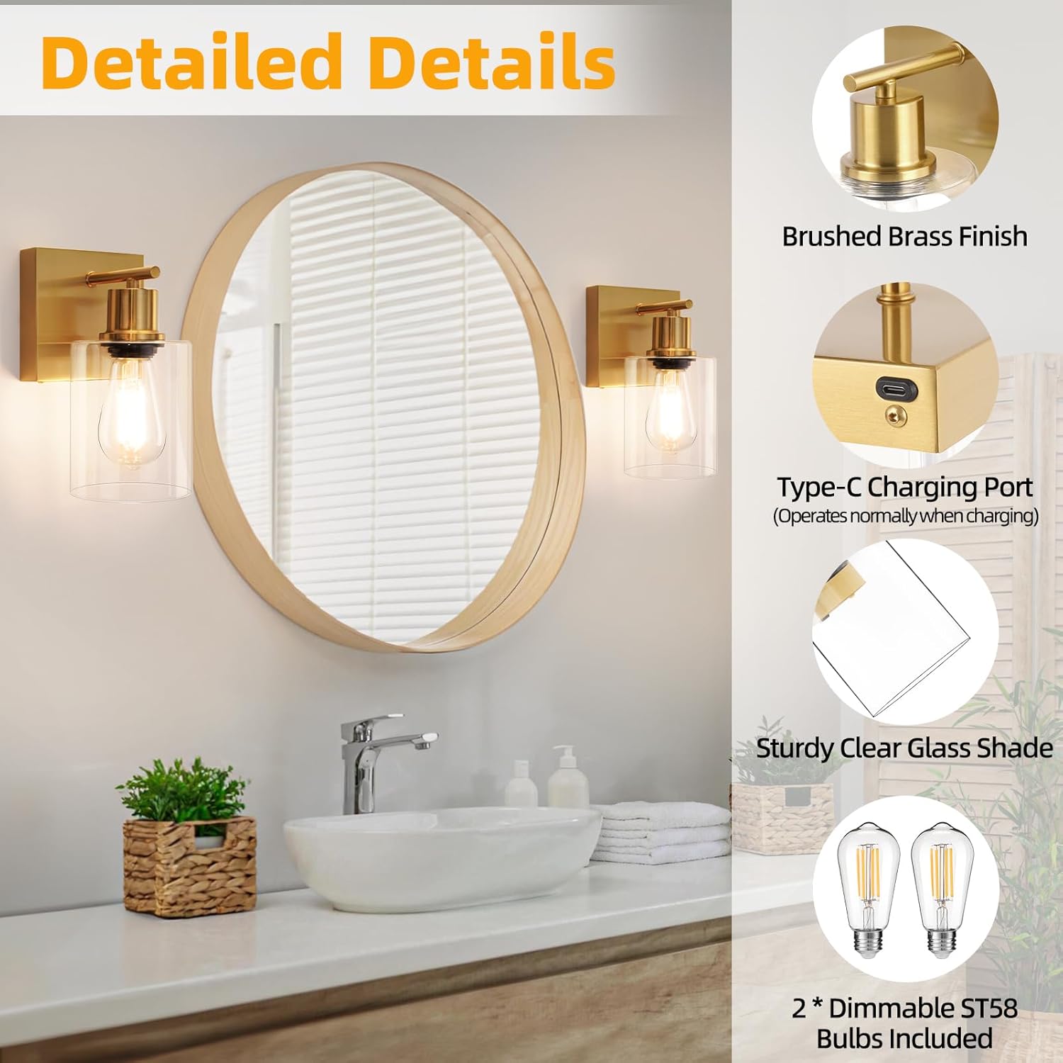 Brightever Battery Operated Wall Sconces Set of 2, Modern Brushed Brass Dimmable Wireless Rechargeable Wall Light for Bedroom, Vanity Light Fixture for Living Room Bathroom, Bulbs Included