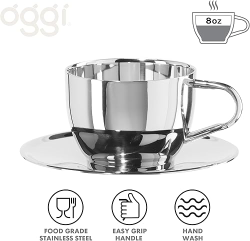 Miniatura 9 de Oggi Tazas de café aisladas de 6 onzas  Platillo incluido  Taza de café o té con tecnología de acero inoxidable de doble pared con elegante acabado