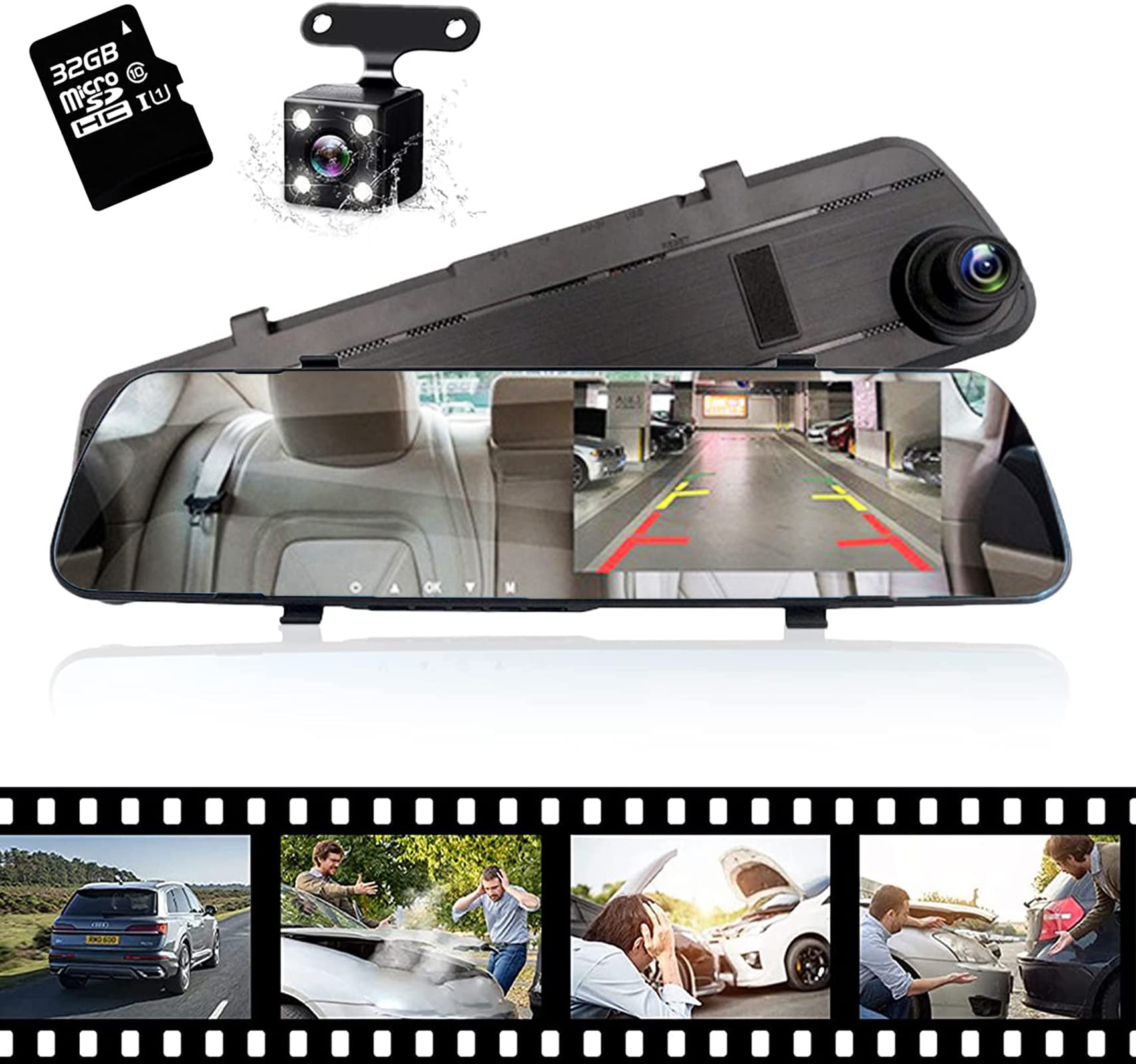 YuraYura ドライブレコーダー ミラー型 前後カメラ ミラー型ドライブレコーダー 右ハンドル仕様 1080P 10インチ伸縮式 5V 1A  赤外線暗視 液晶スクリーン LED信号対応 Gセンサー IP69防水 緊急ロック バック補助線あり 前後同時録画 24H駐車監視 ループ録画 動体検知 