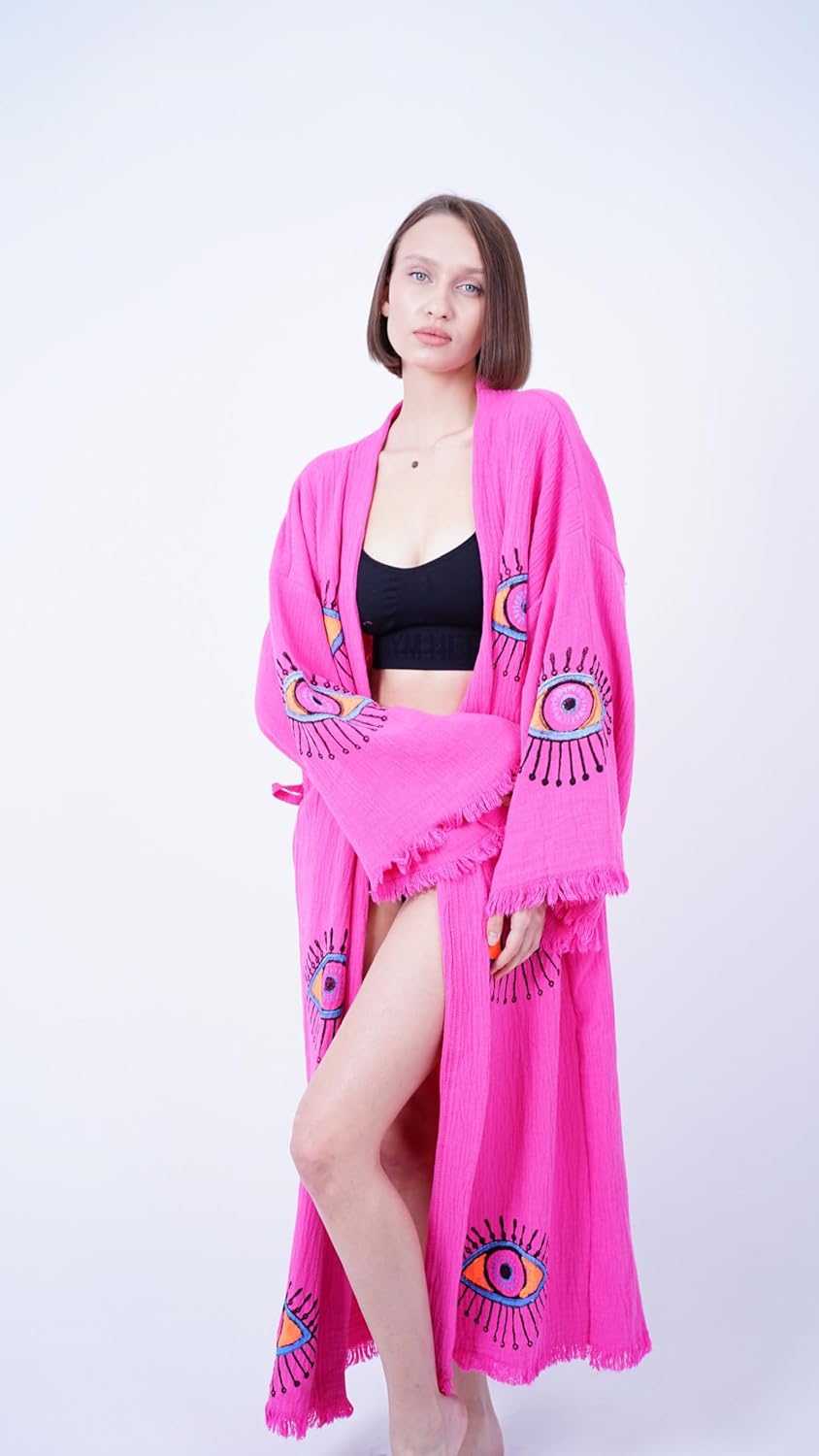 Handmade Evil Eye Boho Festival Kimono Boho Beachwear Beachwear Cover Up Ethnic Kimono Cardigan Bathrobe Morning Robe - Image 9