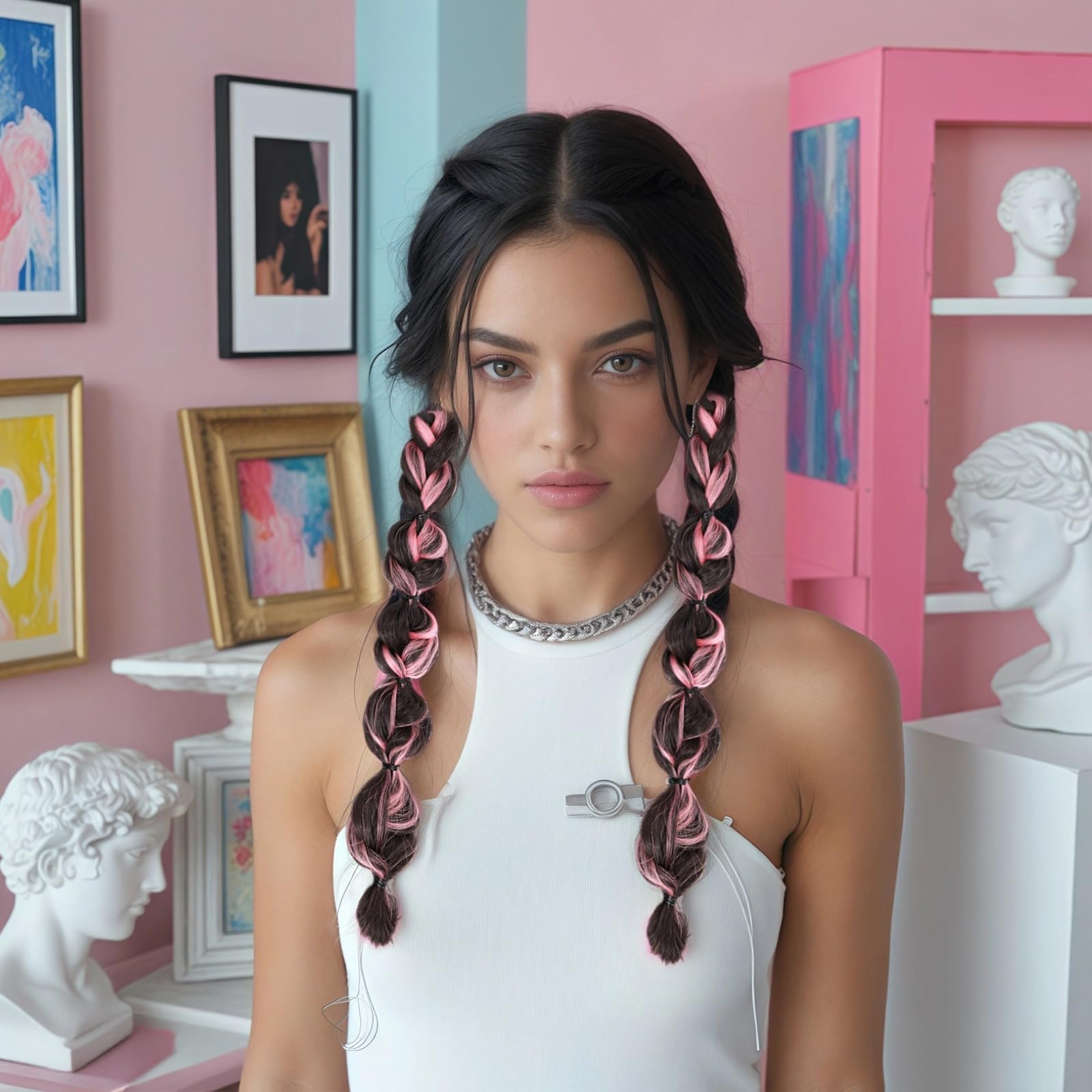 2 Paar Bubble-Woven-Haarverlängerungen, 17,7 Zoll synthetische Faser, heiß gewebte Haarteile, Befestigung für Partys und Styles, Pink und Schwarz, mit Doppelfarbton für vielseitige Looks