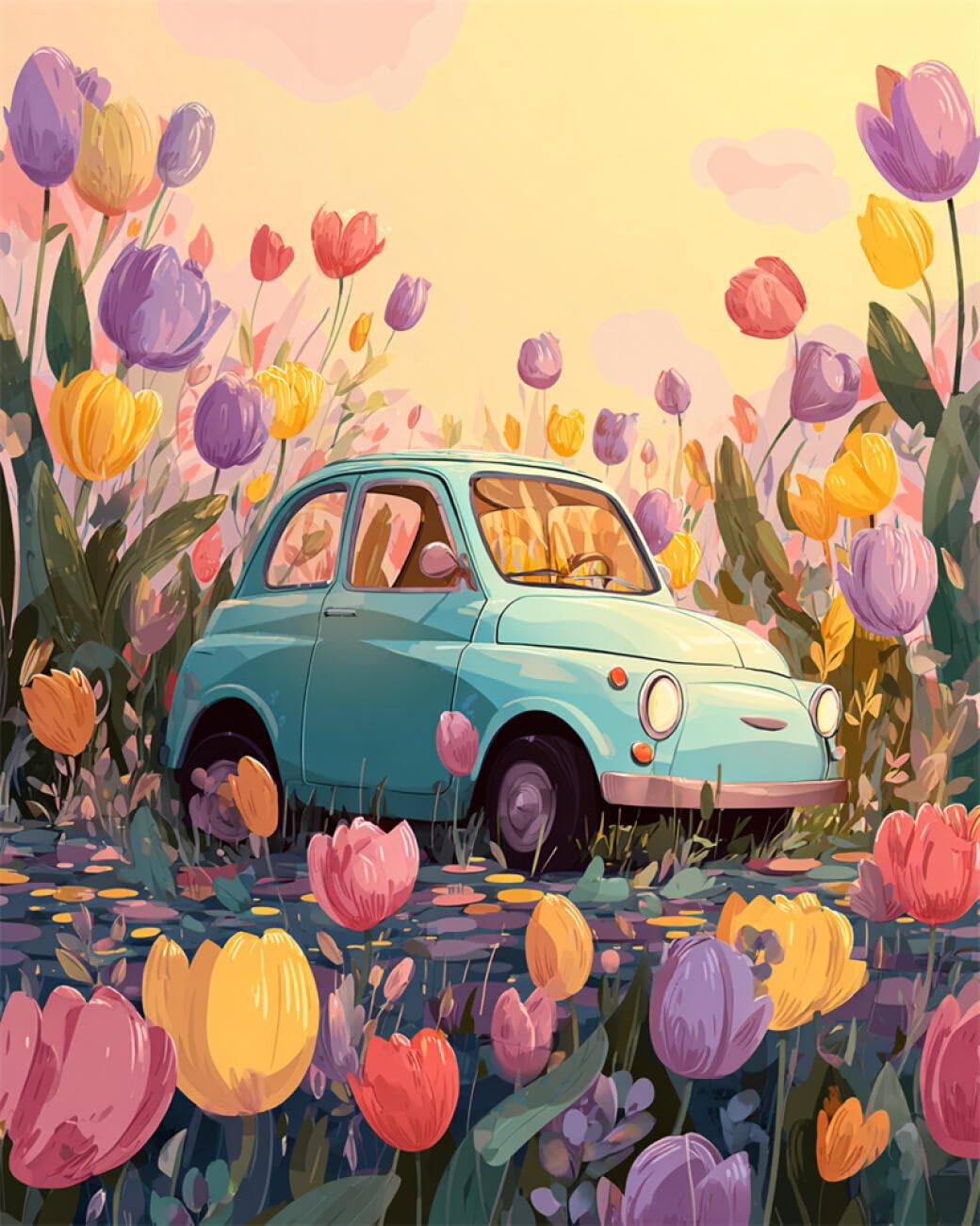 RKFLGEW DIY Bead Embroidery Kits Flower and Car Scenery 40x50cm