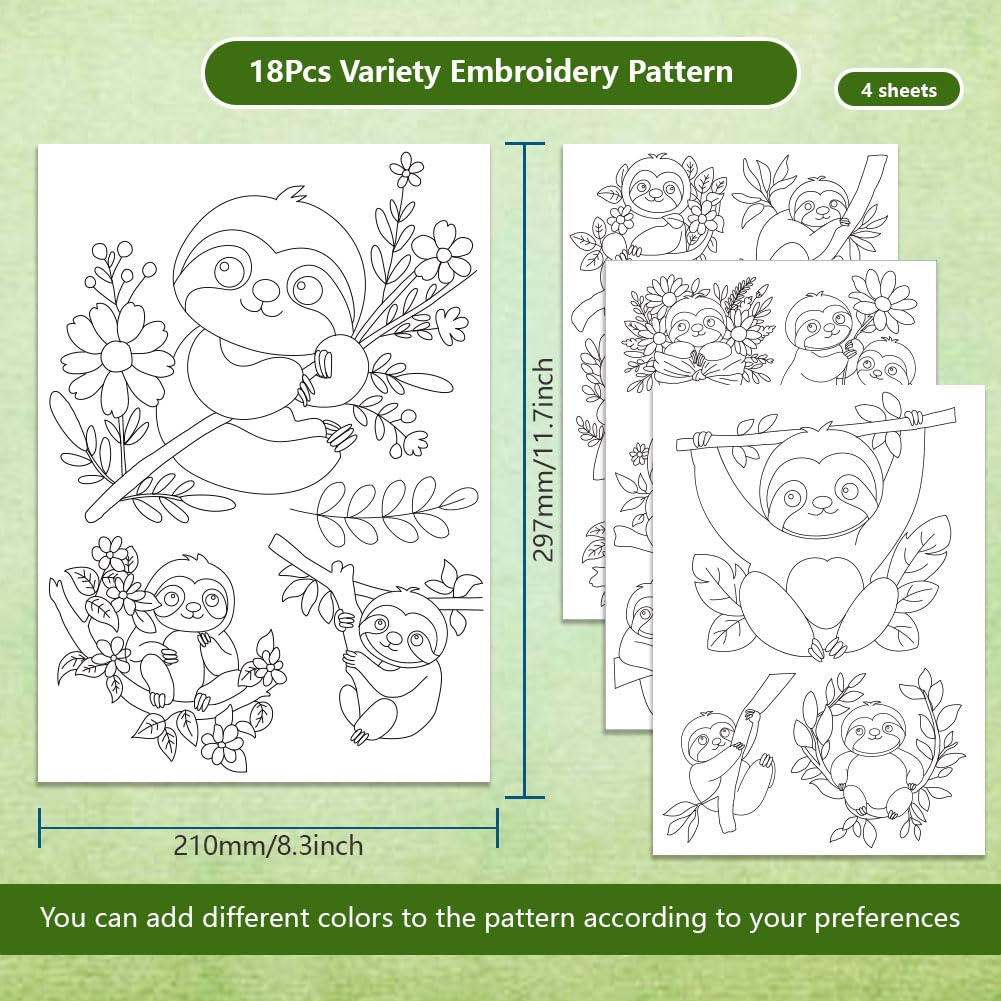 BENECREAT 4Sheets 18Pcs Water Soluble Embroidery, 11.7x8.3inch Sloth Sleepy Bear Pattern Transfers Water Soluble Stabilizer for Stitch Embroidery Designs