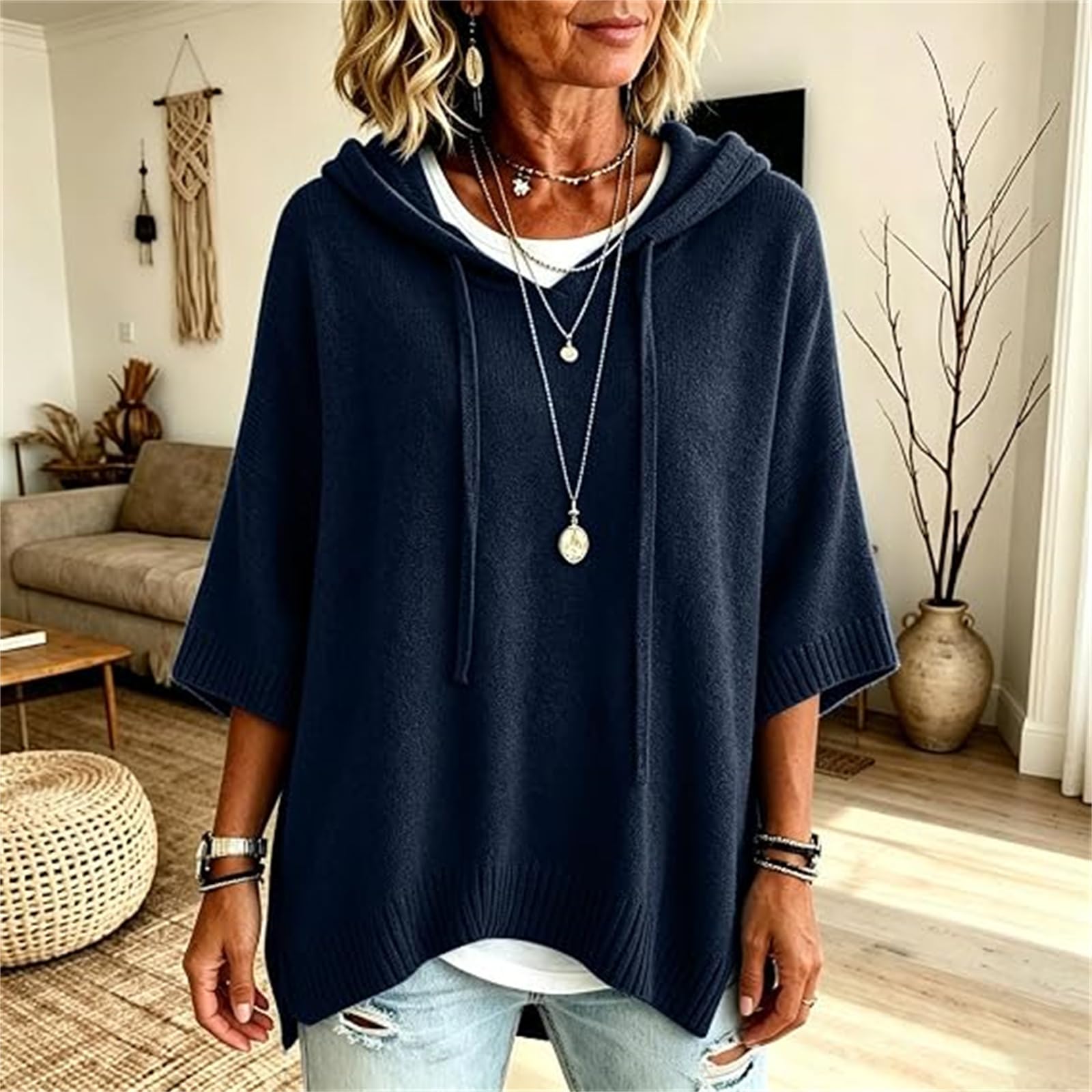 Pull à Capuche en Maille pour Femme, Manches 3/4 et Cordon de Serrage