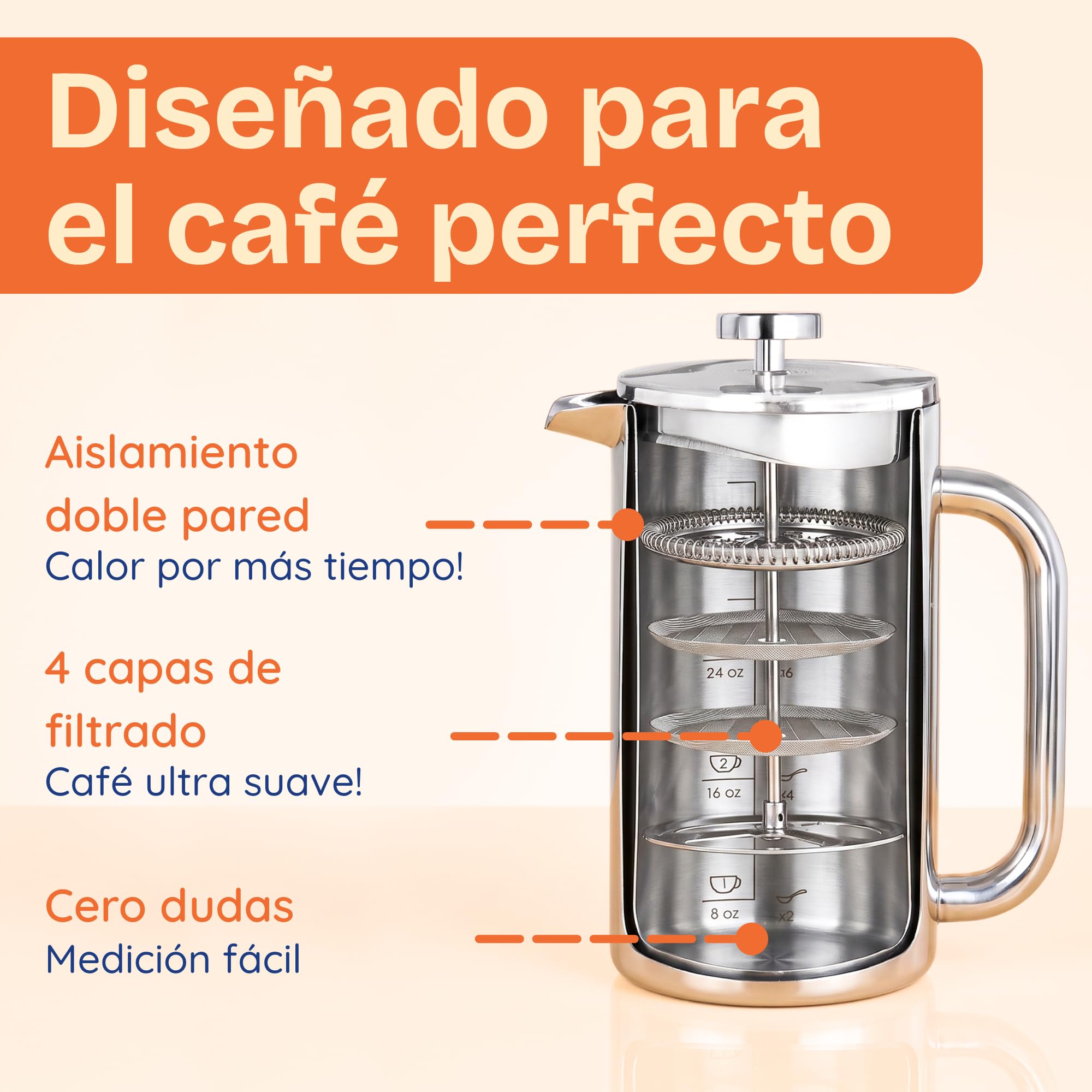 Ziruma No Tóxico Cafetera de Émbolo Acero, Sin Plástico, Doble Pared, 1L