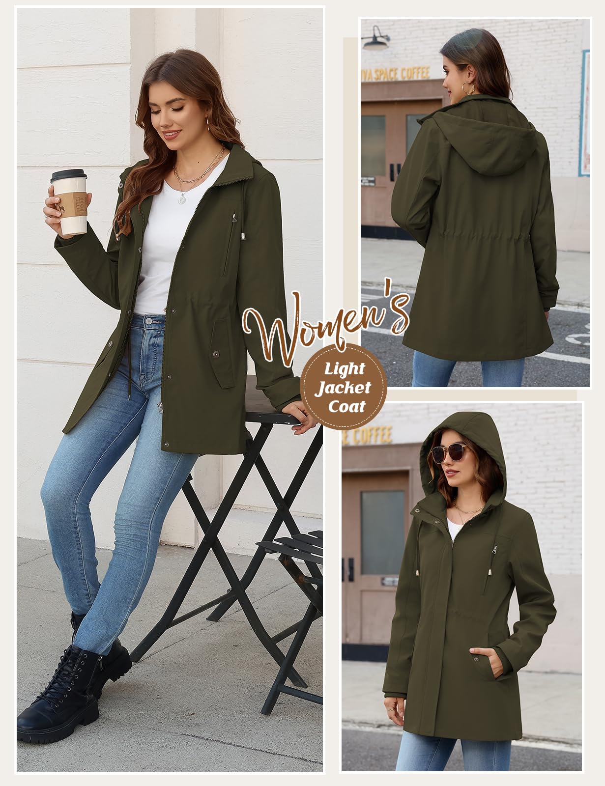 Tuopuda Chaqueta de Mujer Ligero Primavera Otoño Entretiempo Cazadora Casual Chaqueta Cintura Alta Cordón Abrigos con Capucha y Bolsillos