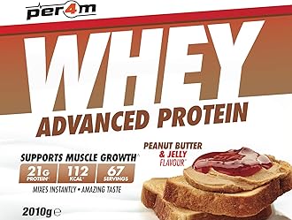 Per4m Whey Protein Powder | High Protein Shake for Muscle Growth & Recovery | Low Sugar Gym Supplement | Sports Nutrition Drink + Amino Acids (2010g, Peanut Butter & Jelly)