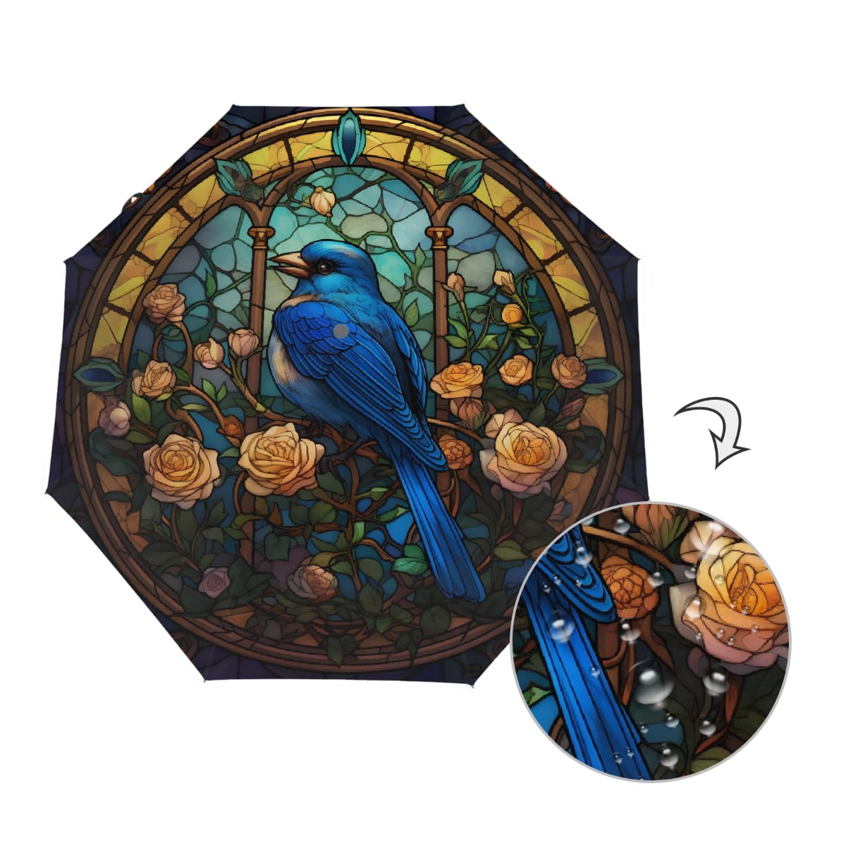 Ombrello pieghevole in vetro colorato con uccello e fiore, ombrello da viaggio, compatto, antivento, impermeabile, con protezione UV, rivestimento nero, leggero, 8 costine, portatile, per