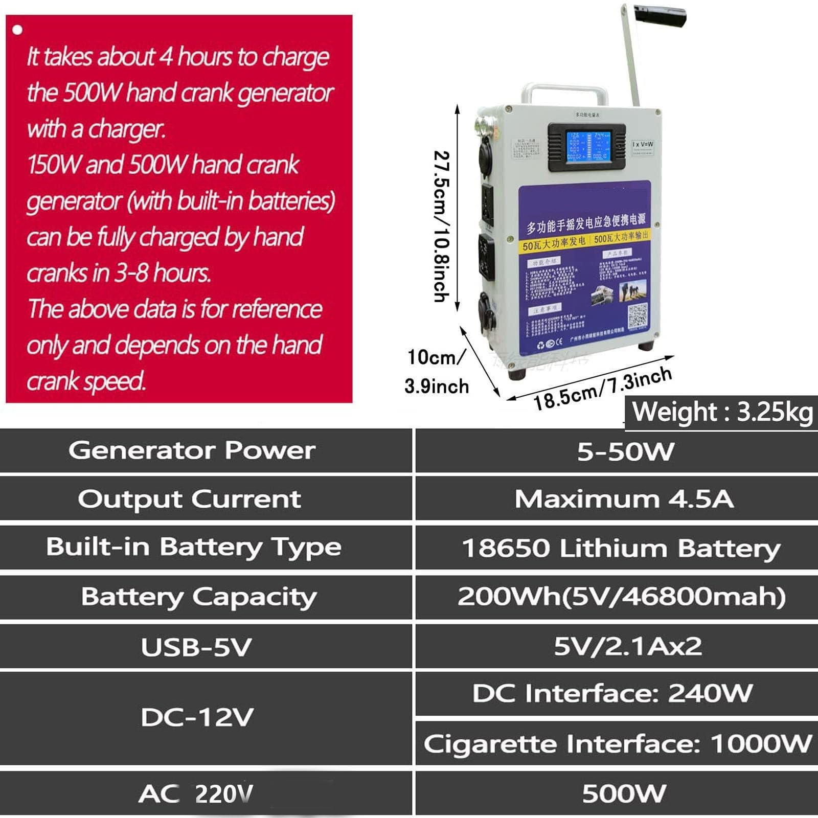 Przenośny Mały Generator Z Korbą Ręczną, Ręczna Ładowarka Z Korbą Ręczną 500 W, Awaryjny Generator Ręczny USB Do Ładowania, W Nagłych Wypadkach, Na Kemping, Nagłe Przerwy W Dostawie Prądu,220 V