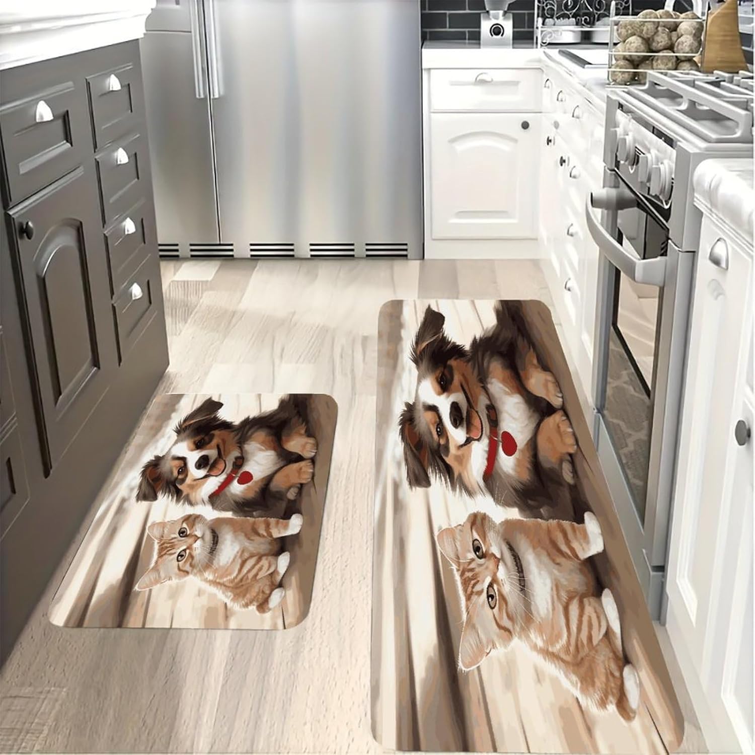 Funny Cat Dog Kitchen Mats with 2PCS Non-Slip Washable,Kitchen Rug Heavy Duty Durable, Floor Mats for Kitchen,Office,Sink,Laundry