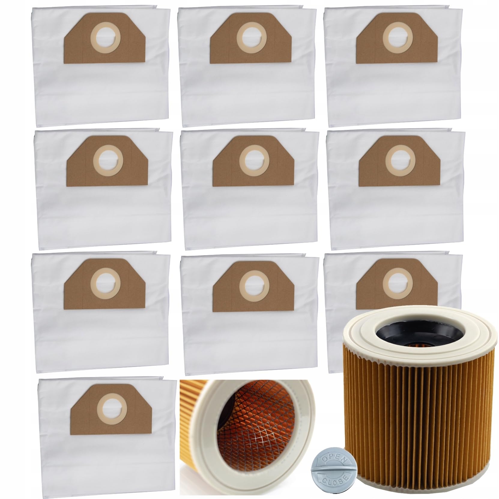 Rosfix Juego de bolsas para aspiradora Karcher WD2, WD3 y MV3, 10 bolsas, filtro lavable, accesorio para aspiradora multiusos