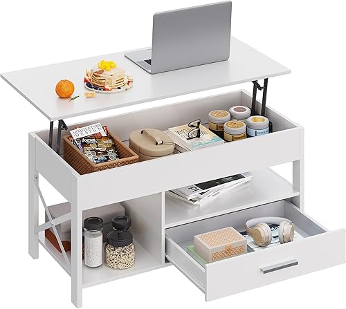 Miniatura 10 de WLIVE Mesa de Centro, Mesa de Centro Elevable de 39 pulgadas con Compartimento Oculto, Cajones de Almacenamiento y Estante de Almacenamiento para