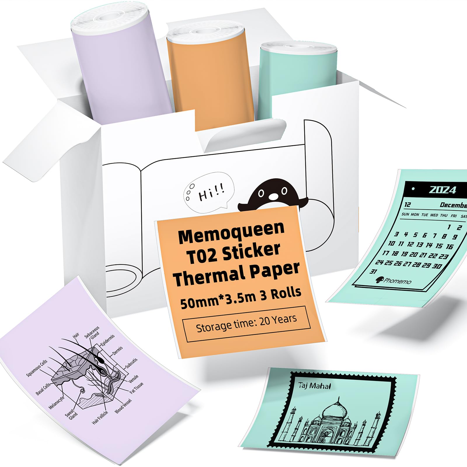 Memoqueen T02 Color Adhesive Thermal Paper, Compatible with T02/Q02, Mint Green/Lavender Purple/Light Orange Paper, 1.96" x 11.4' (50mmx3.5mm)/Roll,
