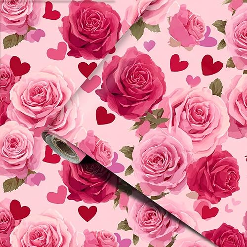 Rose Heart PVC Wallpaper Sticker 39.37x15.75 Inch Pink Flower Pattern Self Adhesive Decorative Wall Decal for Bedroom Living Room Valentine Home