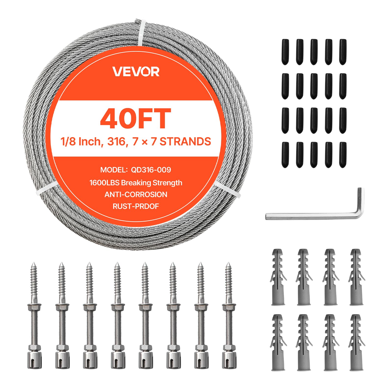 VEVOR Cable de Acero Inoxidable 316 Diámetro de 3,2 mm, Rollo de Cuerda de Alambre 12,2 m, Resistencia a la Rotura de 7,1 KN, Construcción de 7 x 7, para Barandillas de Terraza, Enrejados de Jardín