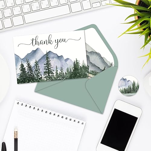 Miniatura 3 de AnyDesign - 25 tarjetas de felicitación de bosque de acuarela, tarjetas de agradecimiento con sobres y calcomanías adhesivas, tarjeta de regalo en