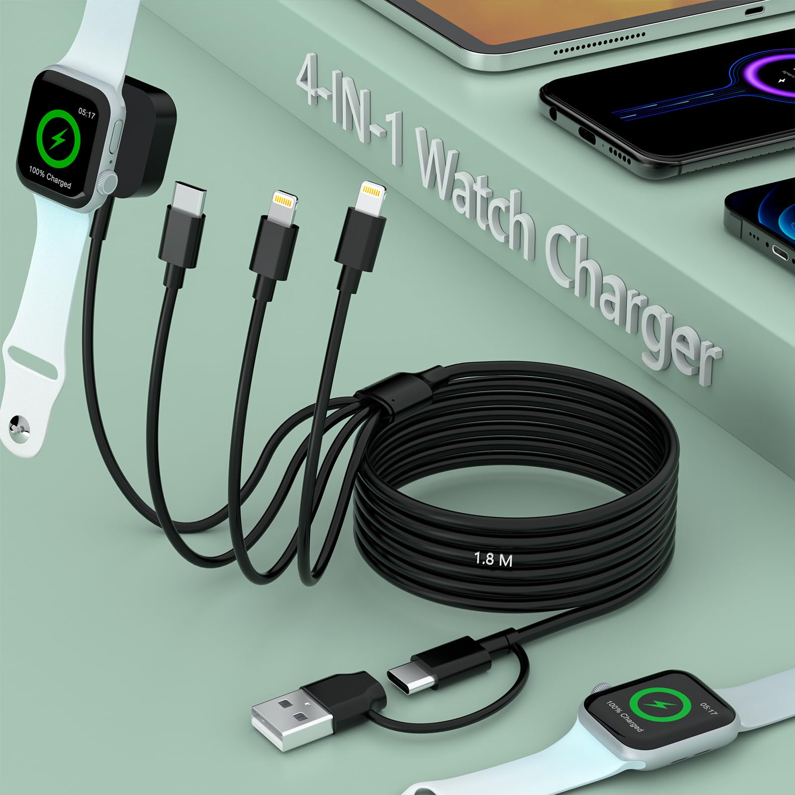 Travel 6-in-1 USB A+USB C SmartWatch Charger,Multi Universal Charger Cable Lightning*2+Type C Cord Adapter Combo for iWatch Series 8/7/6/5/4/3/2/SE/iPhone 14/13/12/11 Pro/Samsung/iPad/Huawei-1.8M/6FT