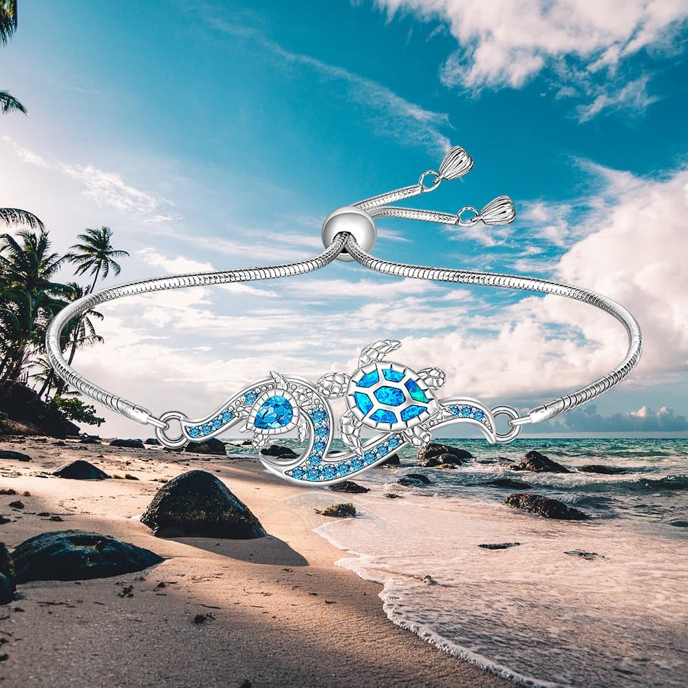 Turtle Bracelet for Women Blue Opal Sea Turtle Bracelet Sterling Silver Tortoise Beach Summer Mother Daughter Adjustable Blue Turtles Jewelry - Image 9