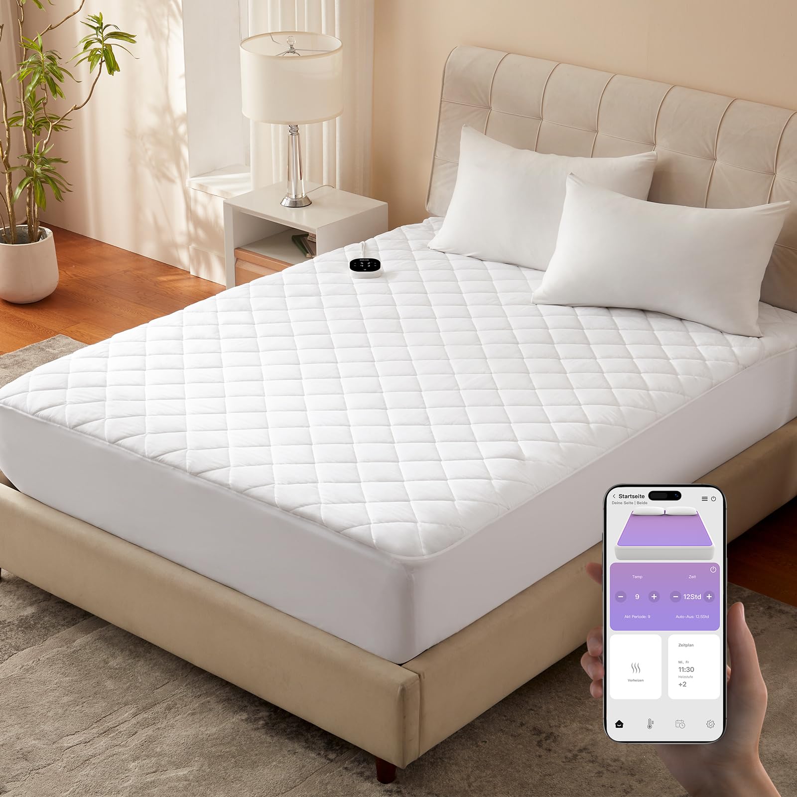 WLAN-Wärmeunterbett 160×200 cm (Queen Size), elektrisches Heizunterbett mit 9 Heizstufen, 1–12 Std. Abschaltautomatik, extra Tiefe Taschen, maschinenwaschbar, diamantgesteppt