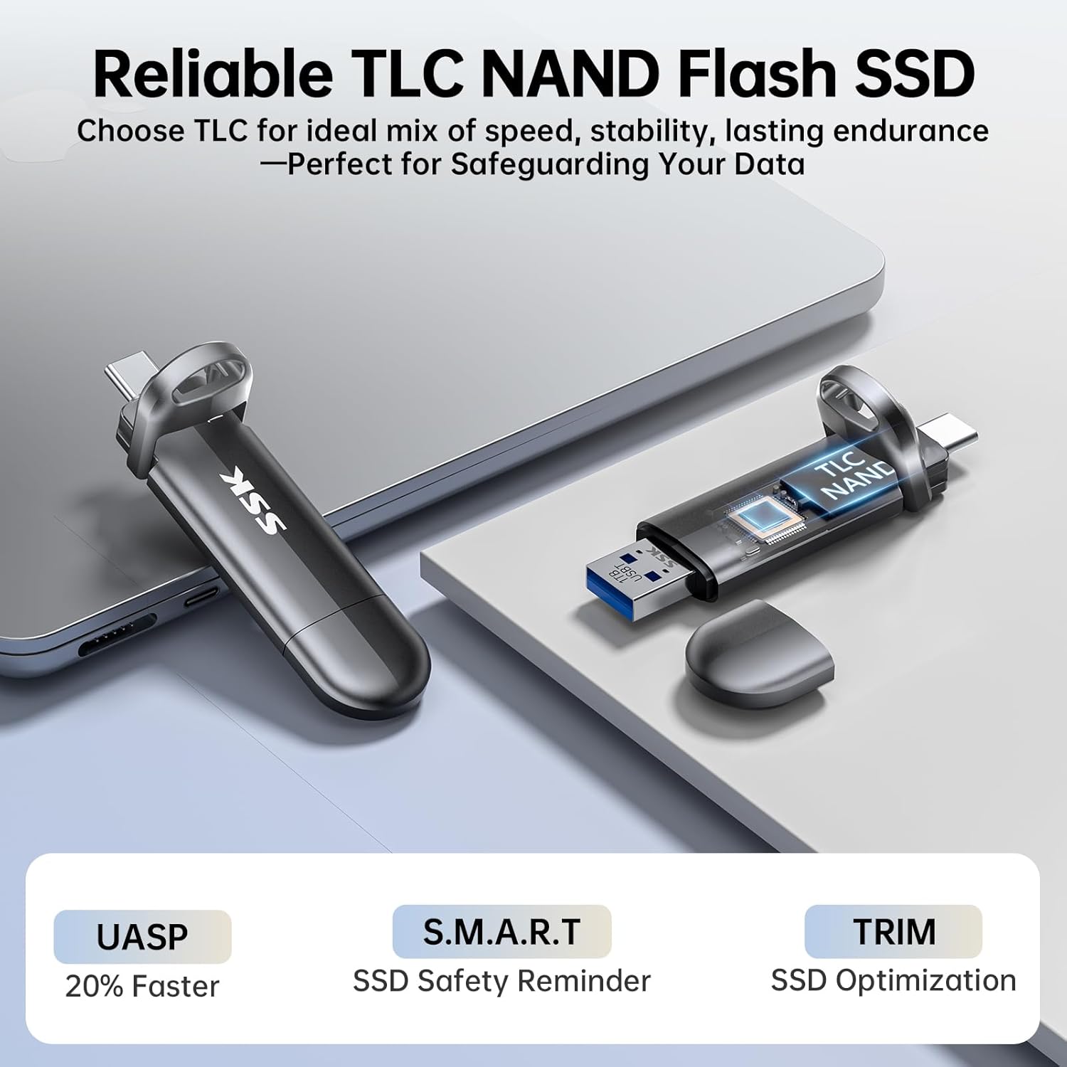 SSK USB Flash Drive 2TB SSD External, TLC NAND Solid State Drive Dual USBC & USBA Ports, Up to 1000MB/s High-Speed Portable 1TB USB Thumb Drive Stick for iPhone 15/16/17 Pro, Mac, Android, PC Backup - Image 5
