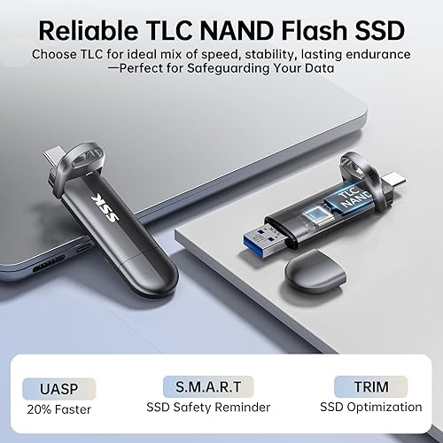 Miniatura 5 de SSK Unidad flash USB 2TB SSD externa, TLC NAND unidad de estado sólido dual USBC y USBA, hasta 1000 MBs de alta velocidad portátil de 1 TB USB Thumb