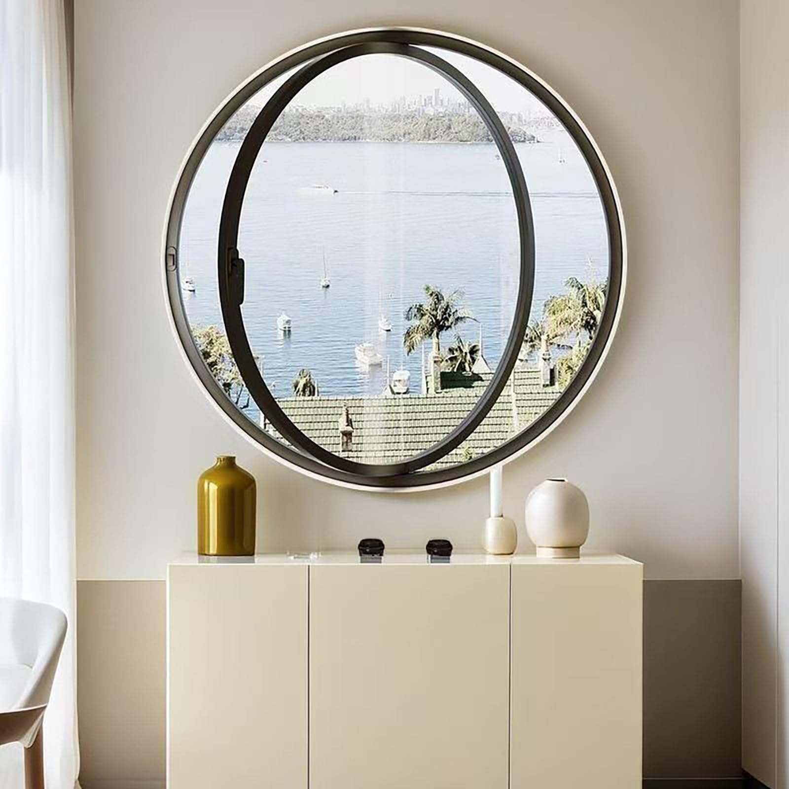 Finestra A Battente Girevole Finestra A Oblò Rotonda Girevole Ad Asse Centrale, Finestre Ventilazione Con Illuminazione In Lega Alluminio, Decorazione Per La Casa Bagno(Black+transparent,35cm/13.7in)