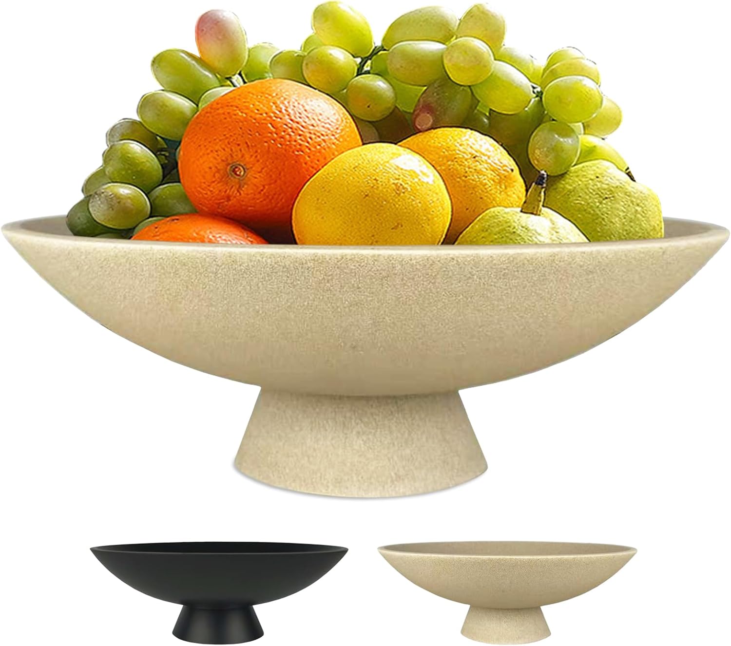 Large Decorative Fruit Bowl for Kitchen Counter, Modern Resin Pedestal Bowl for Home Decor, Stylish Key Bowl for Entryway Table, Decorative Bowl for Coffee Table Decor, Artificial Stone Beige