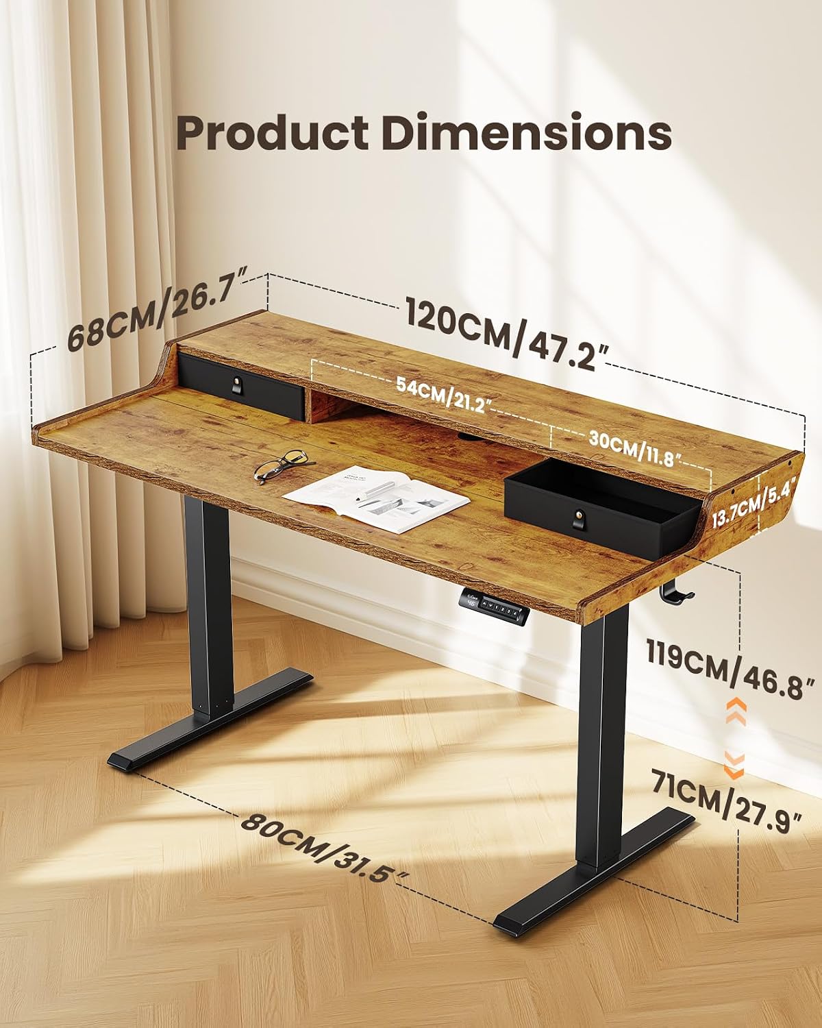 ErGear Electric Standing Desk with Drawers, 48″ x 24″ Gaming Table Compatible Monitor Stand, Stand up Desks, Home Office Height-Adjustable Desk with Storage Shelf, 4 Preset Heights, Vintage Brown - 3