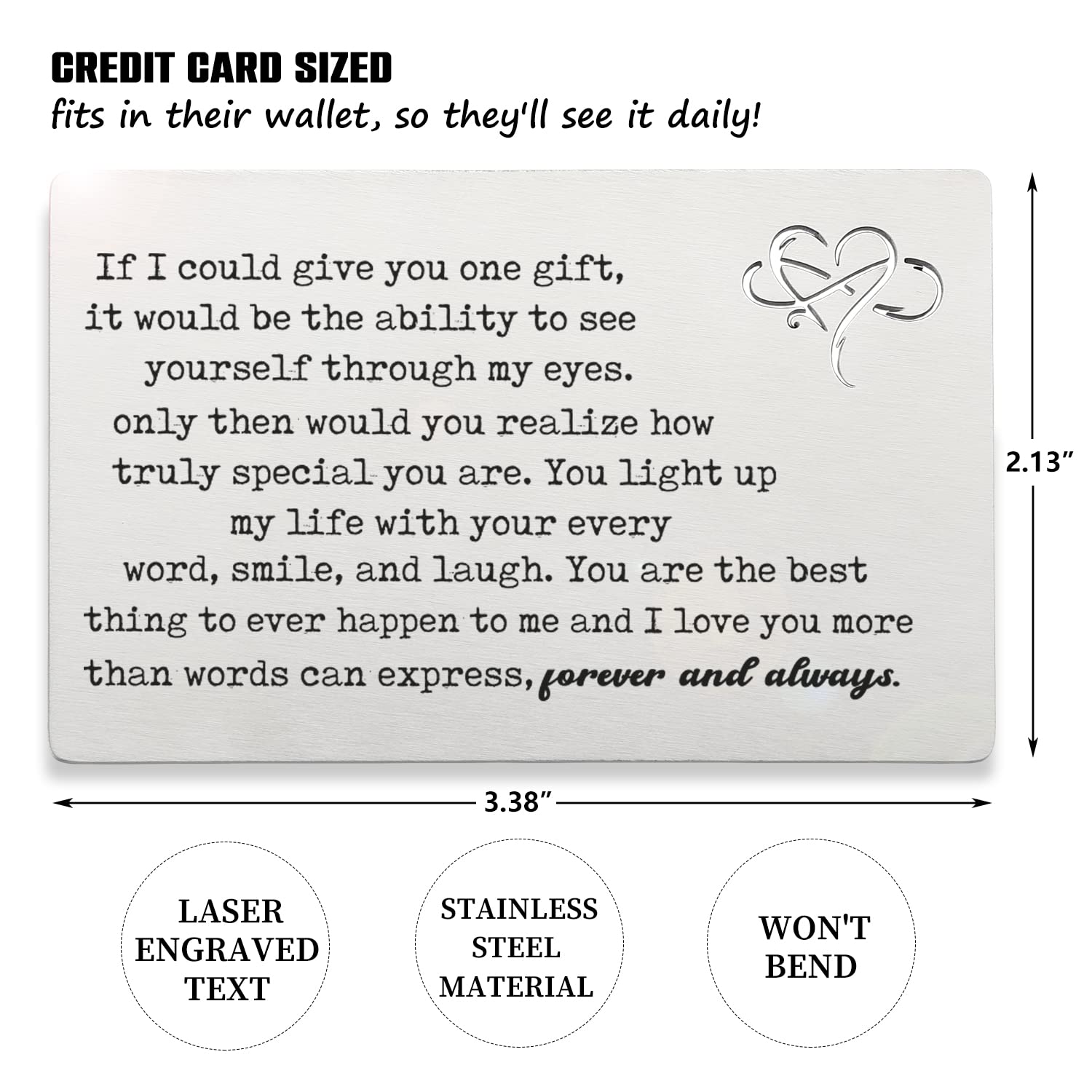 Clesellix Love Theme Laser Engraved Metal Wallet Insert Card, Valentine's Day, Anniversary, Christmas Gift for Husband, Boyfriend