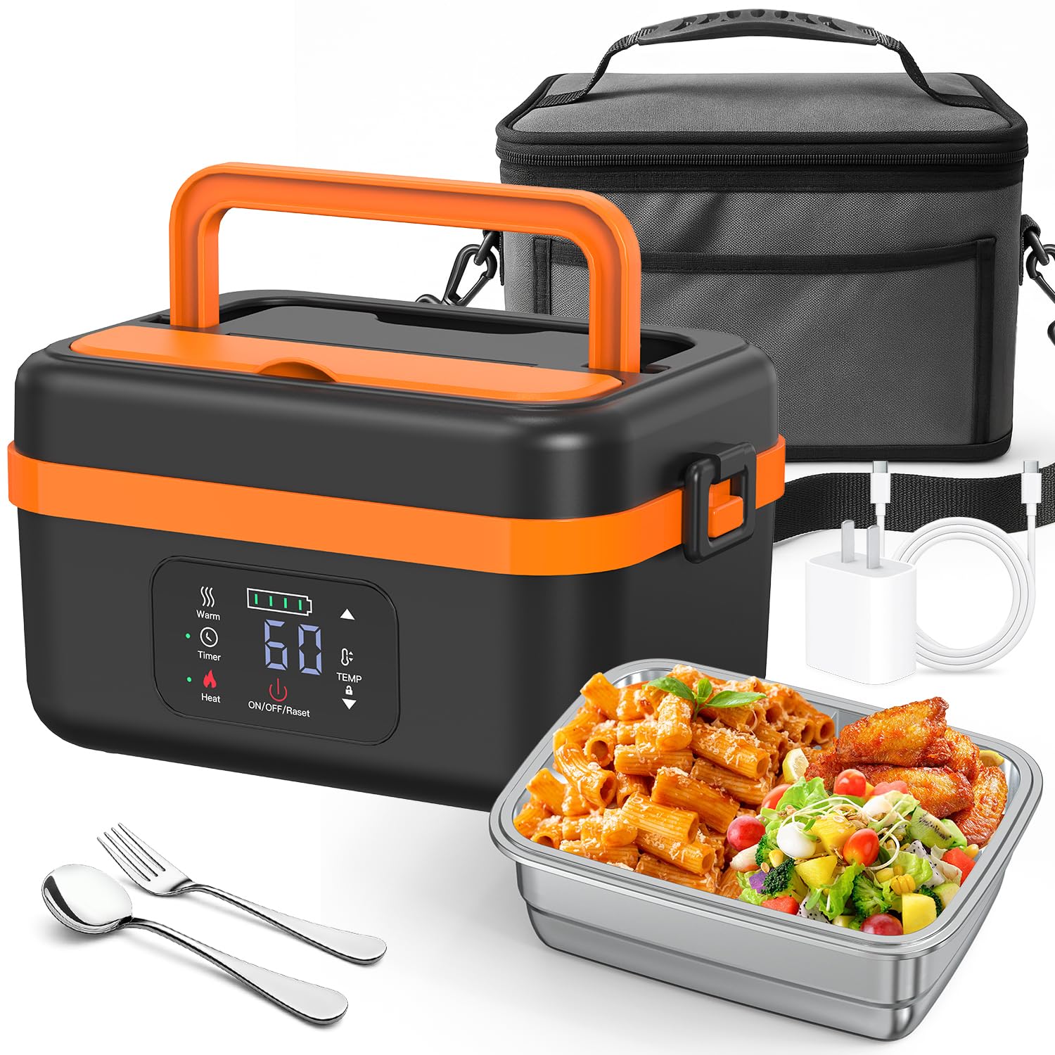 AERKINE Electric Lunch Box for Adults - Heated Lunch Box for Men Women Insulated & Self Heating, Battery Powered Food Warmers with Containers, Cordless Rechargeable Lunch Box for Drivers(Orange)