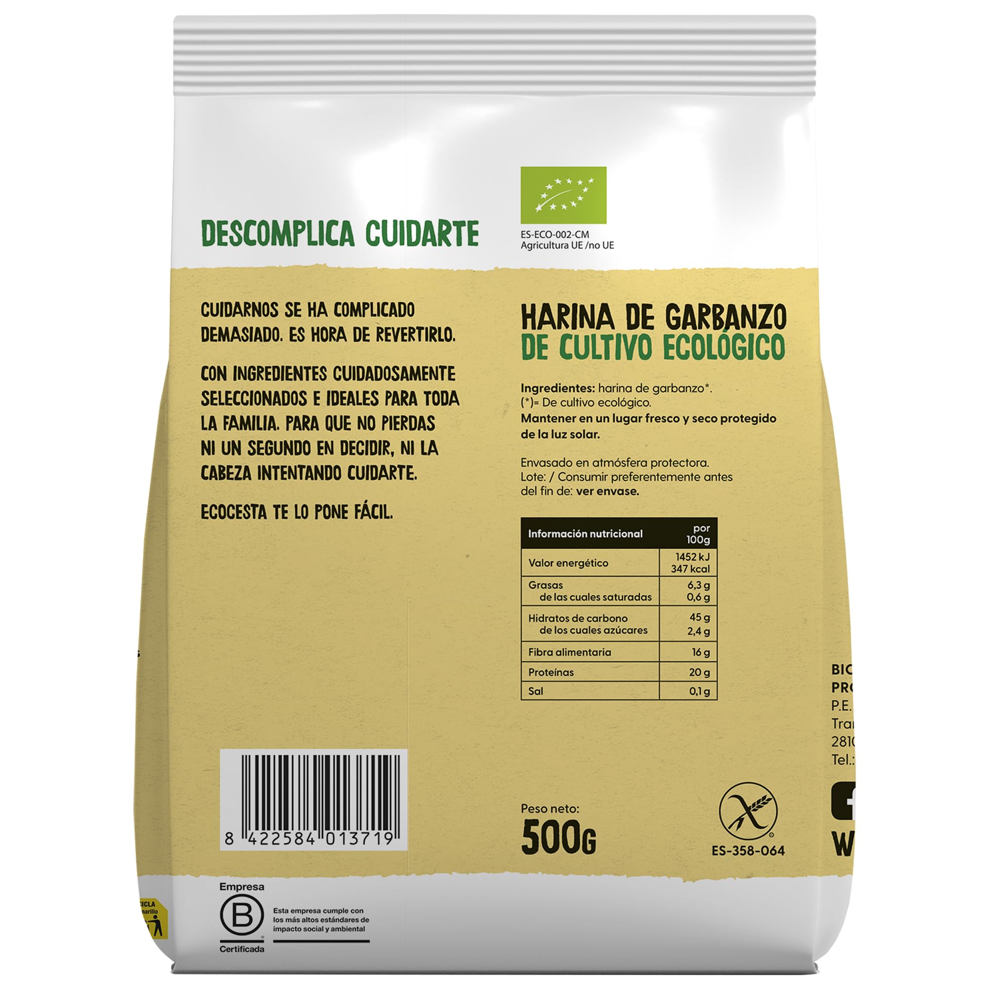 Ecocesta - Pack de 6 Unidades de 500 g de Harina Ecológica de Garbanzos - 500 g - Contribuye a Mejorar el Tránsito Intestinal - Aporta una Dosis Extra de Energía