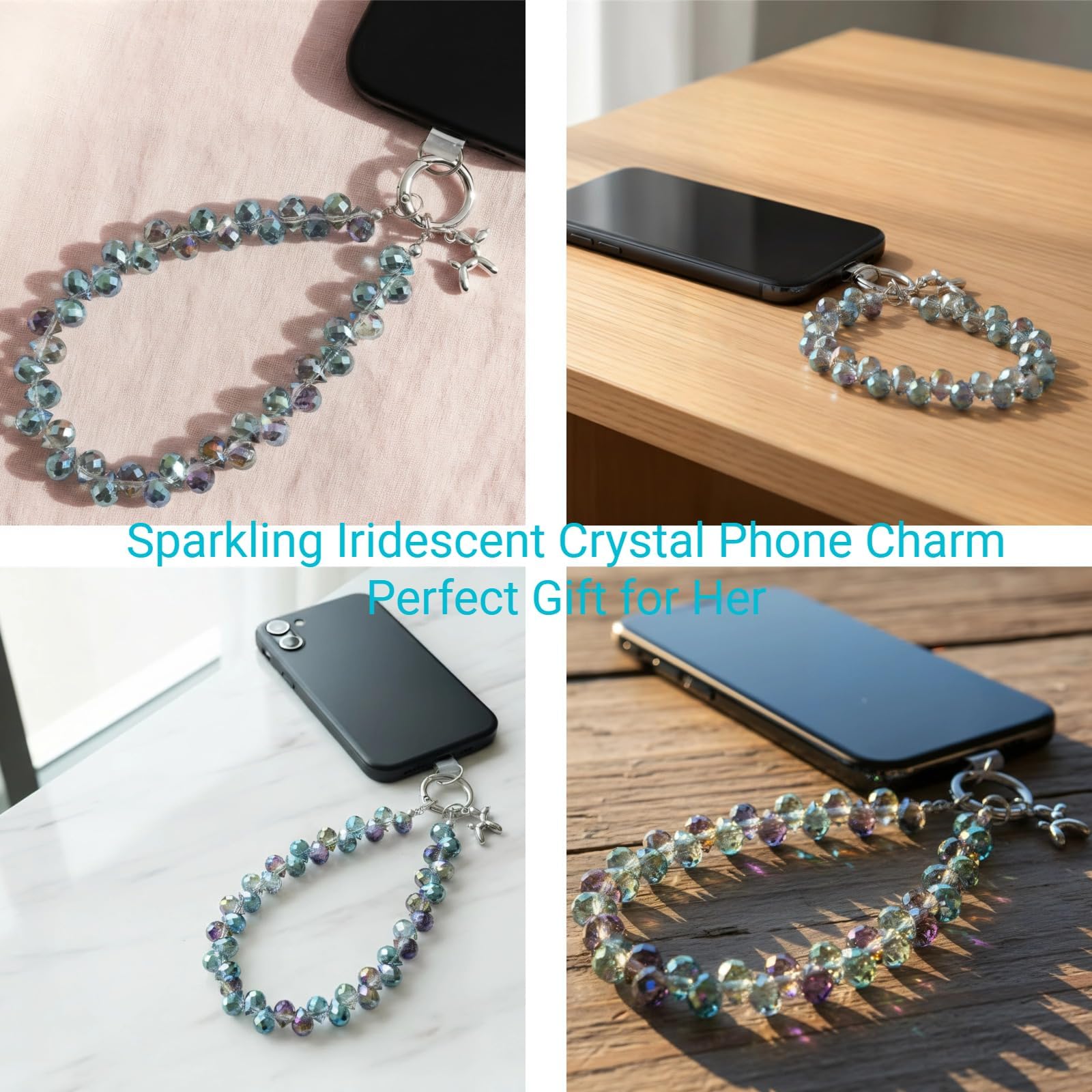 richginker Crystal Beaded Phone Wrist Strap - Sparkling Phone Charm Lanyard with Tether Tab, Hands-Free Wristlet Bracelet Strap for Women, A-Dark Purple — view 4