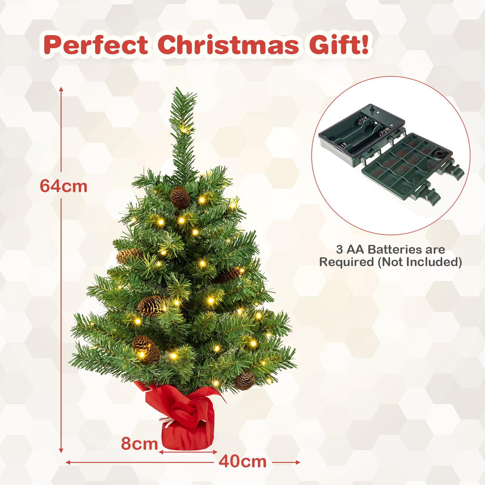 GOPLUS Mini Árbol de Navidad para Mesa y Oficina, Árbol de Pino Nevado Hecho de PVC, Decoración Navidad Interiores y Exteriores (64 cm, con piña)