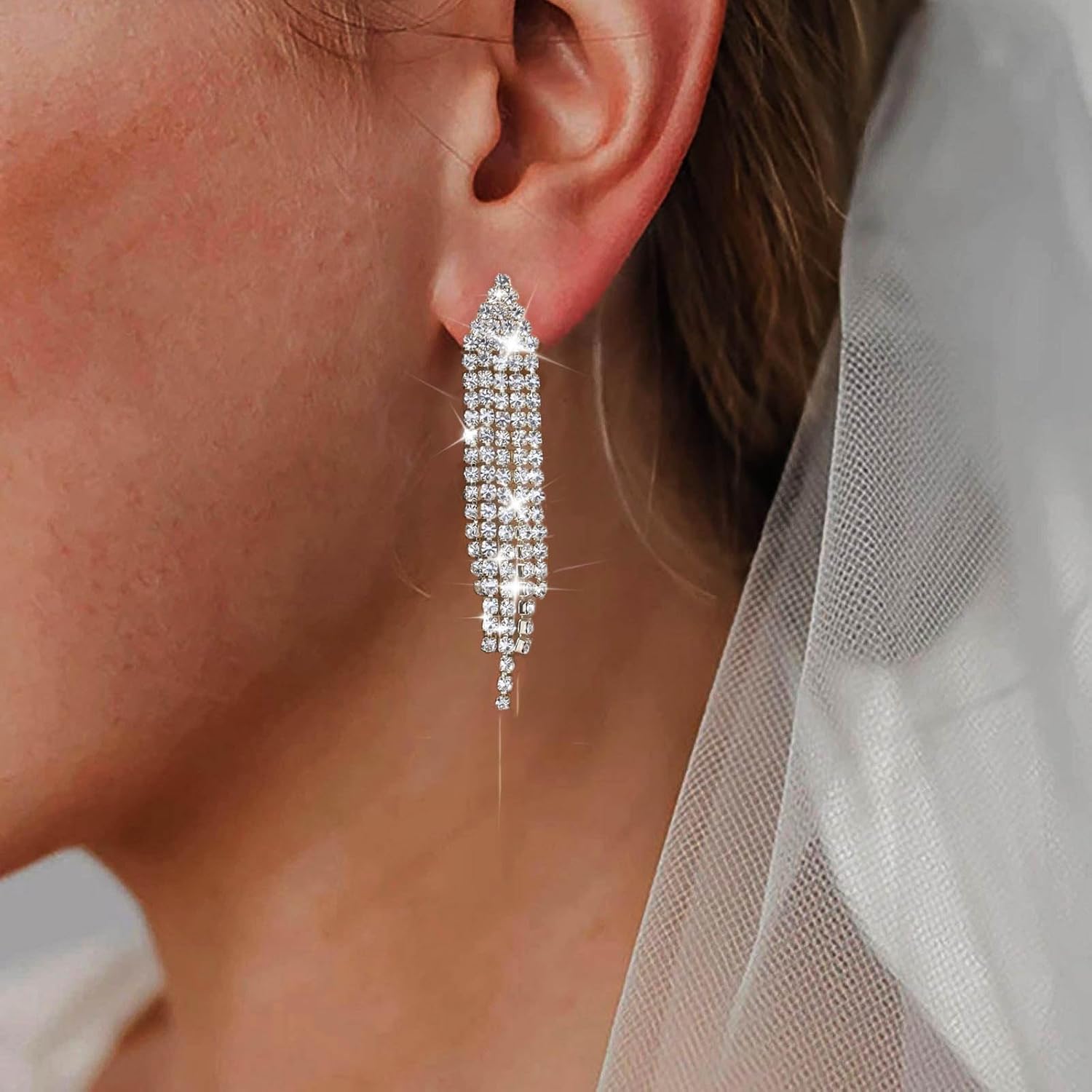 Boho Crystal Tassel Chain Earrings Rhinestone Bridal Wedding Earrings Long Crystal Chandelier Earring Shiny Cz Wedding Earring for Women(Gold) - Image 7