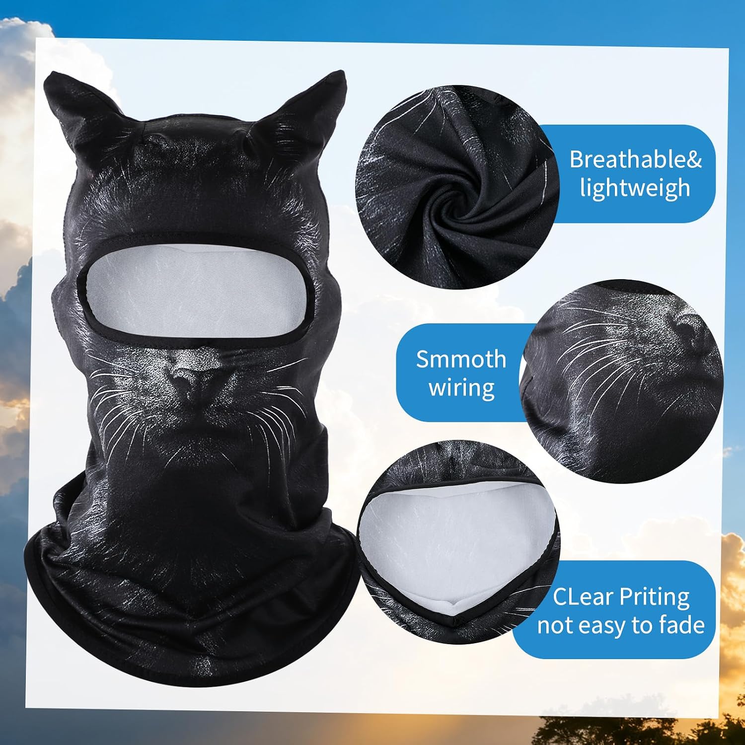 Chicingyou 3D Black Cat Ski Mask Balaclava with Ears Cat Sheisty Face Cover for Music Halloween Party Outdoor Activities